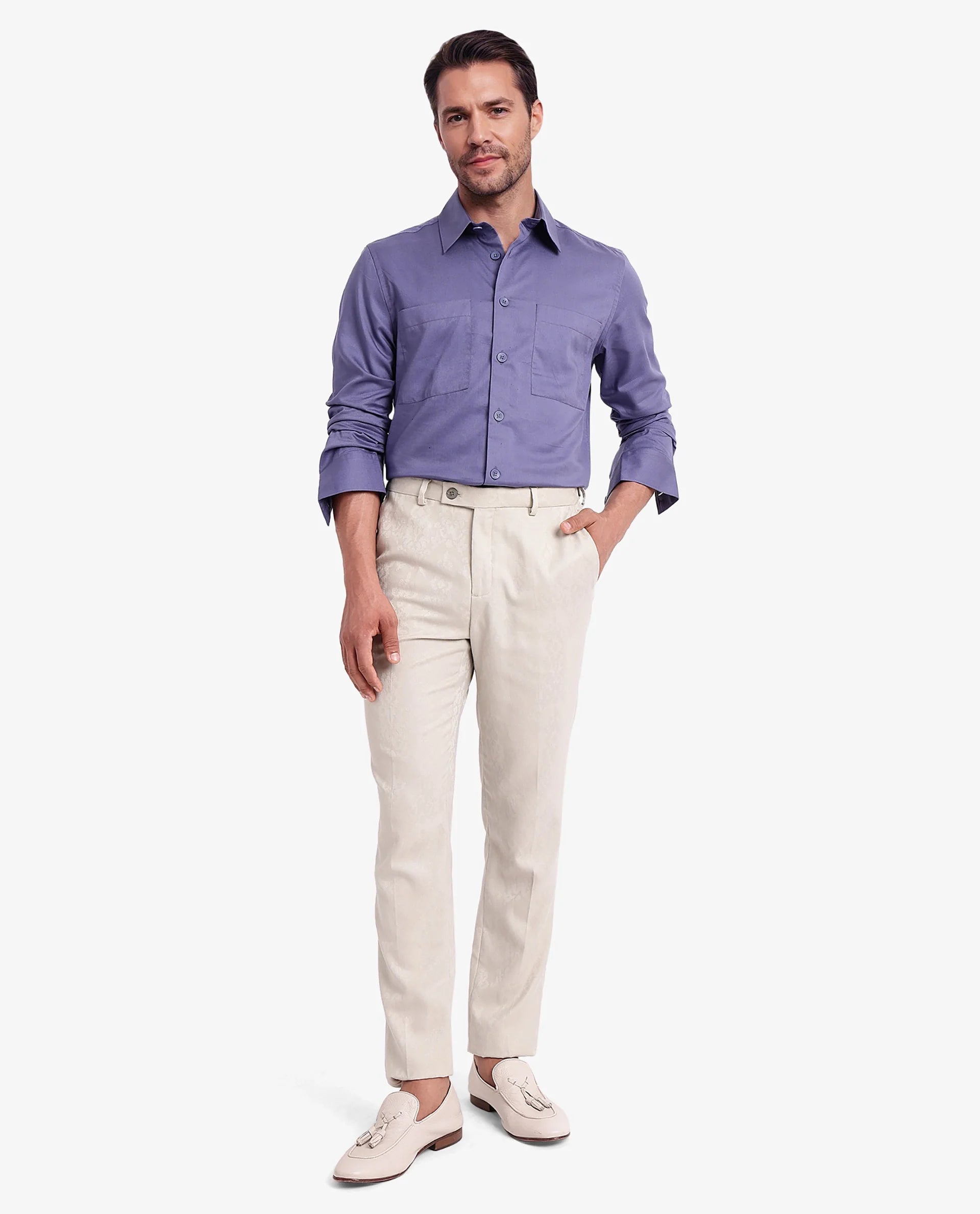 Rare Rabbit Men Esso Dusky Blue Full Sleeve Button Closure Boxy Fit Plain Twill Shirt