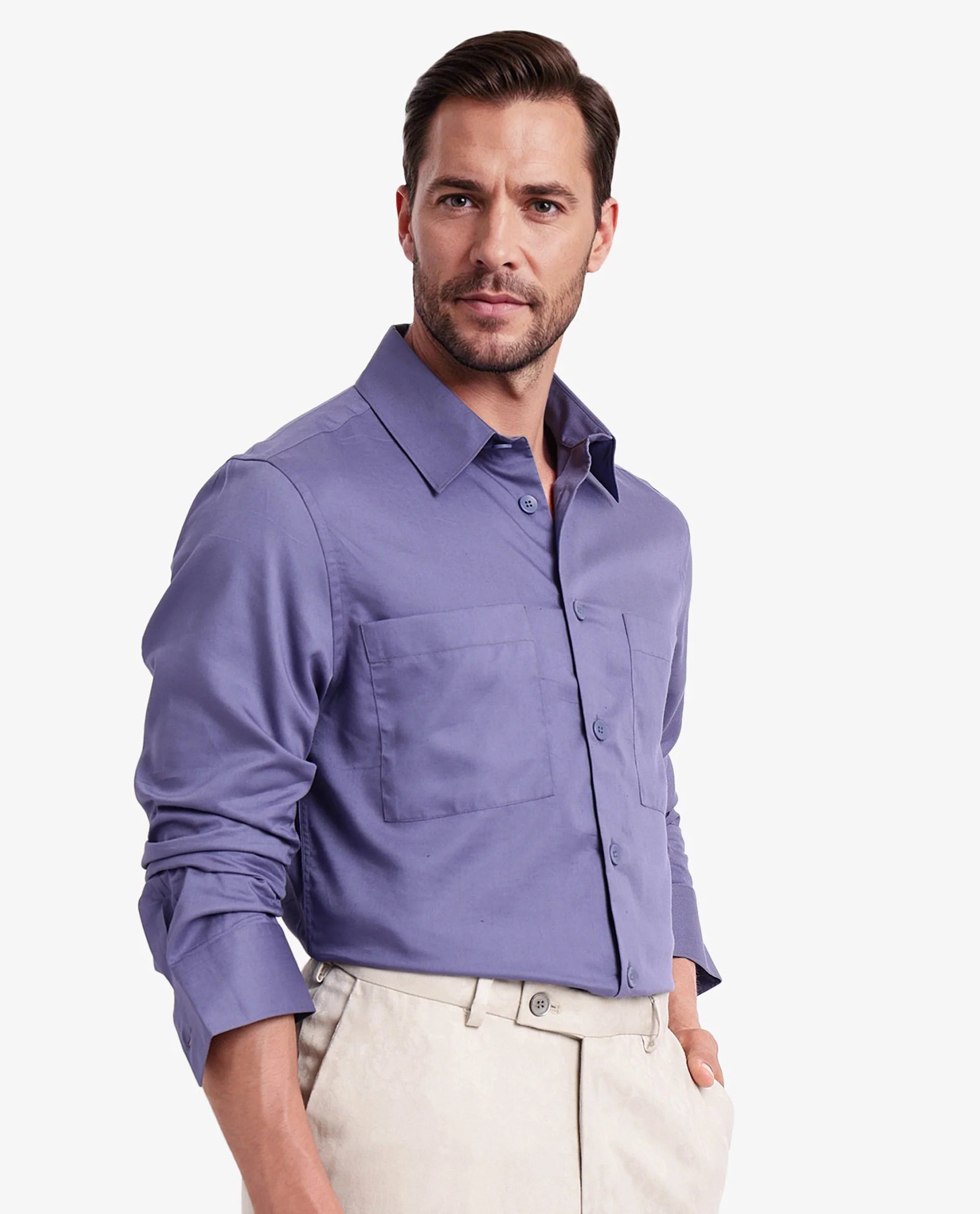 Rare Rabbit Men Esso Dusky Blue Full Sleeve Button Closure Boxy Fit Plain Twill Shirt