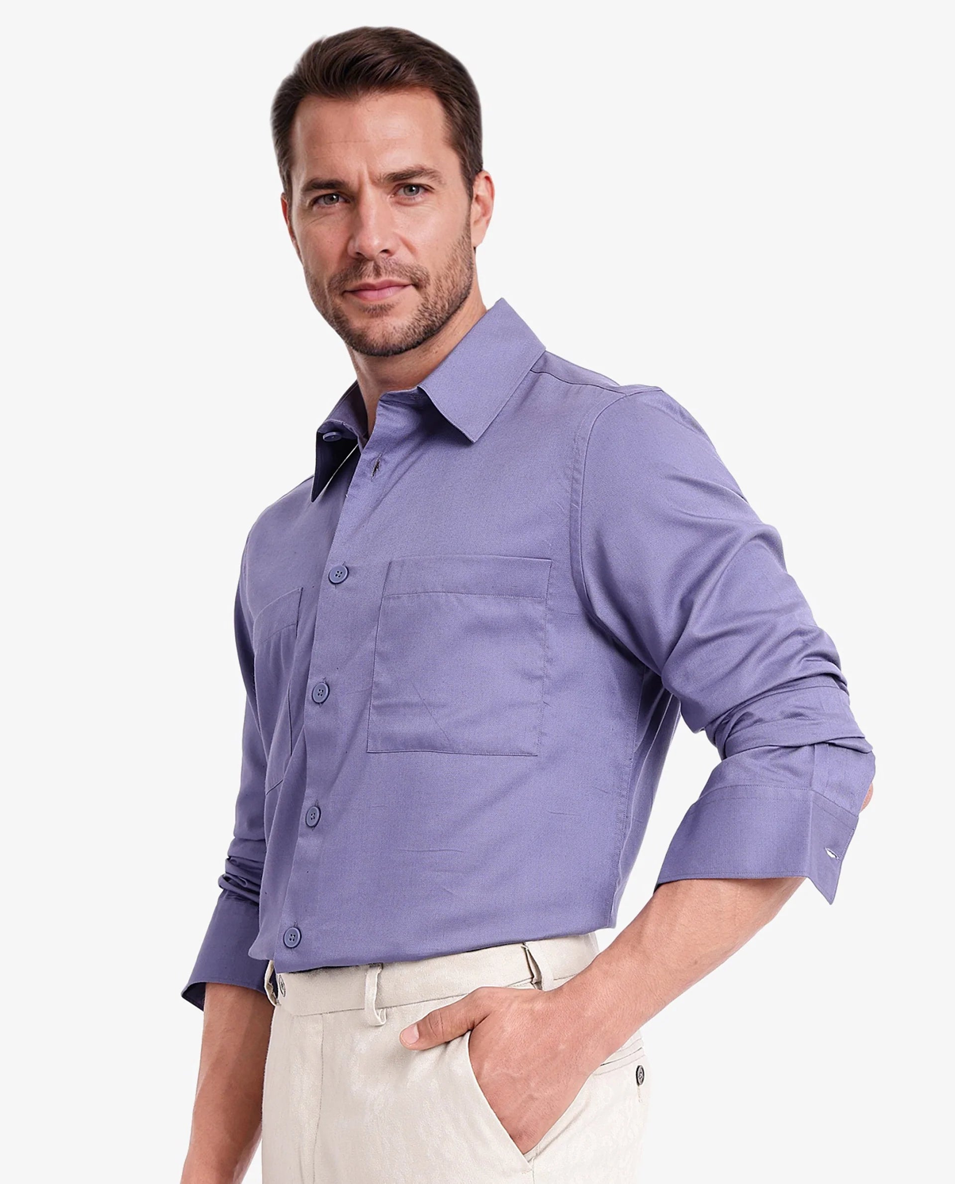 Rare Rabbit Men Esso Dusky Blue Full Sleeve Button Closure Boxy Fit Plain Twill Shirt