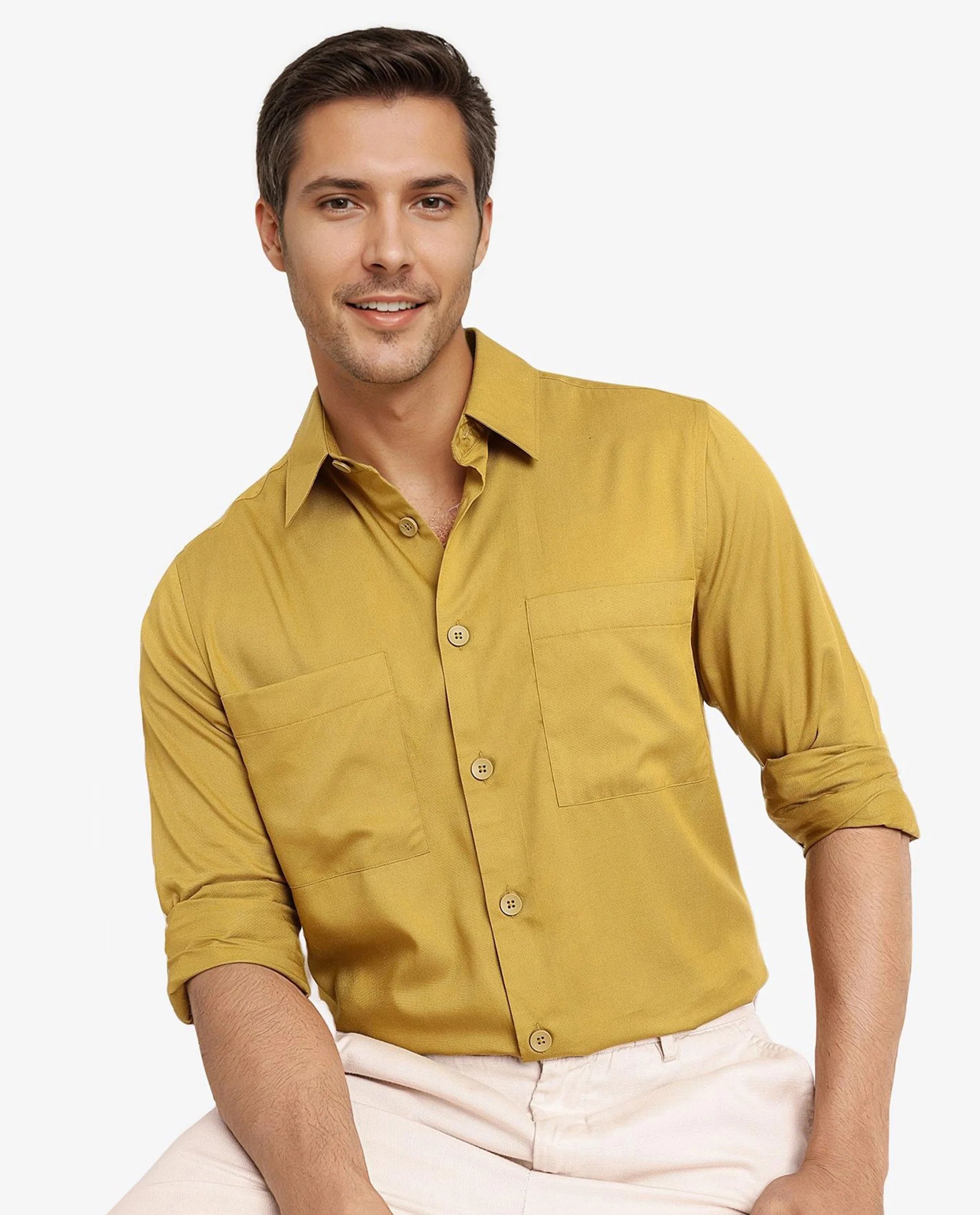 Rare Rabbit Men Esso Flouroscent Green Full Sleeve Button Closure Boxy Fit Plain Twill Shirt