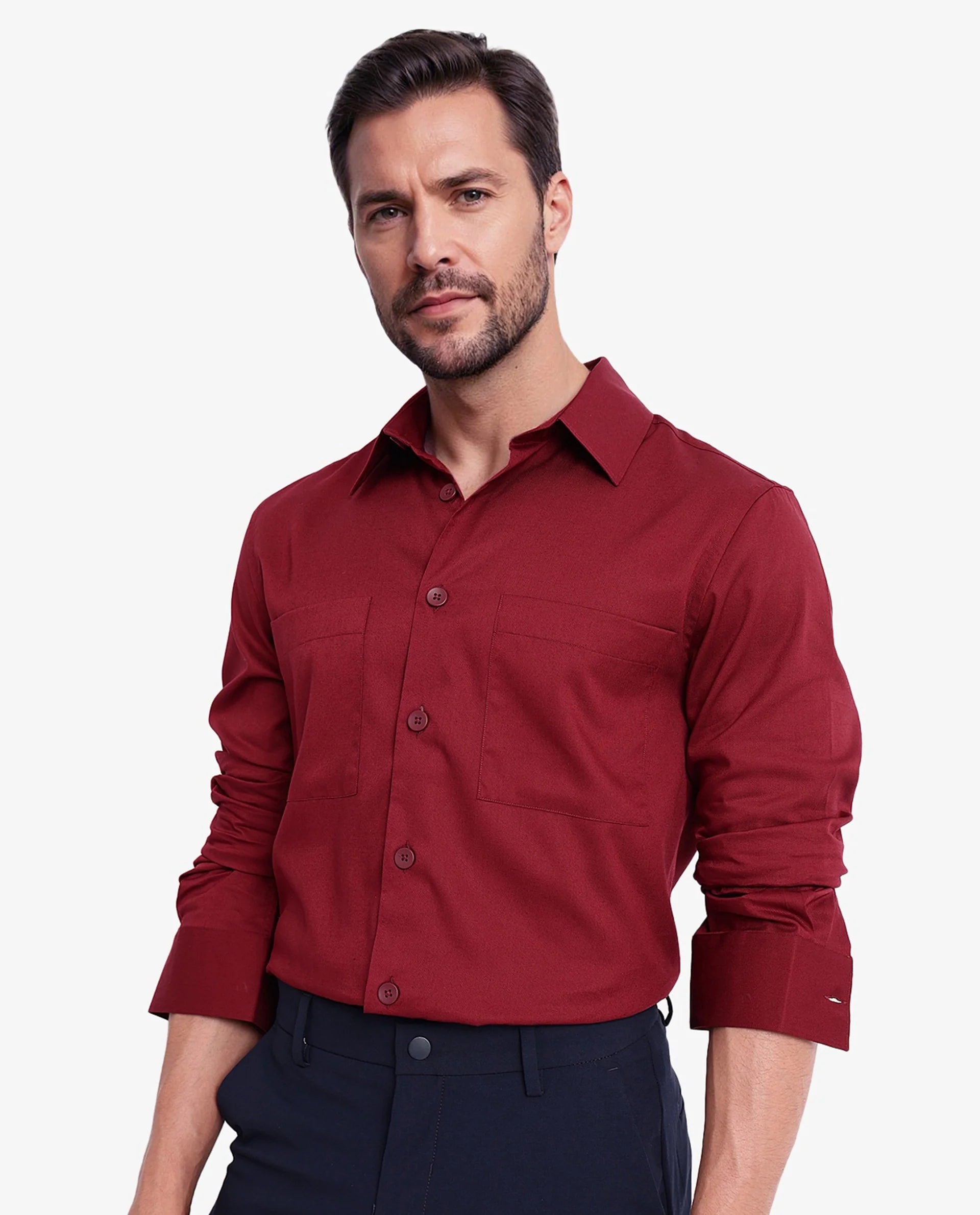 Rare Rabbit Men Esso Maroon Full Sleeve Collared Neck Button Closure Regular Fit Plain Shirt