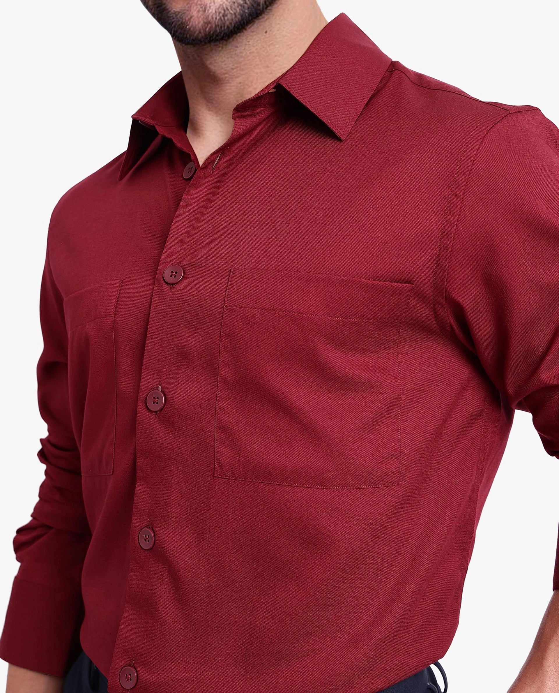 Rare Rabbit Men Esso Maroon Full Sleeve Collared Neck Button Closure Regular Fit Plain Shirt