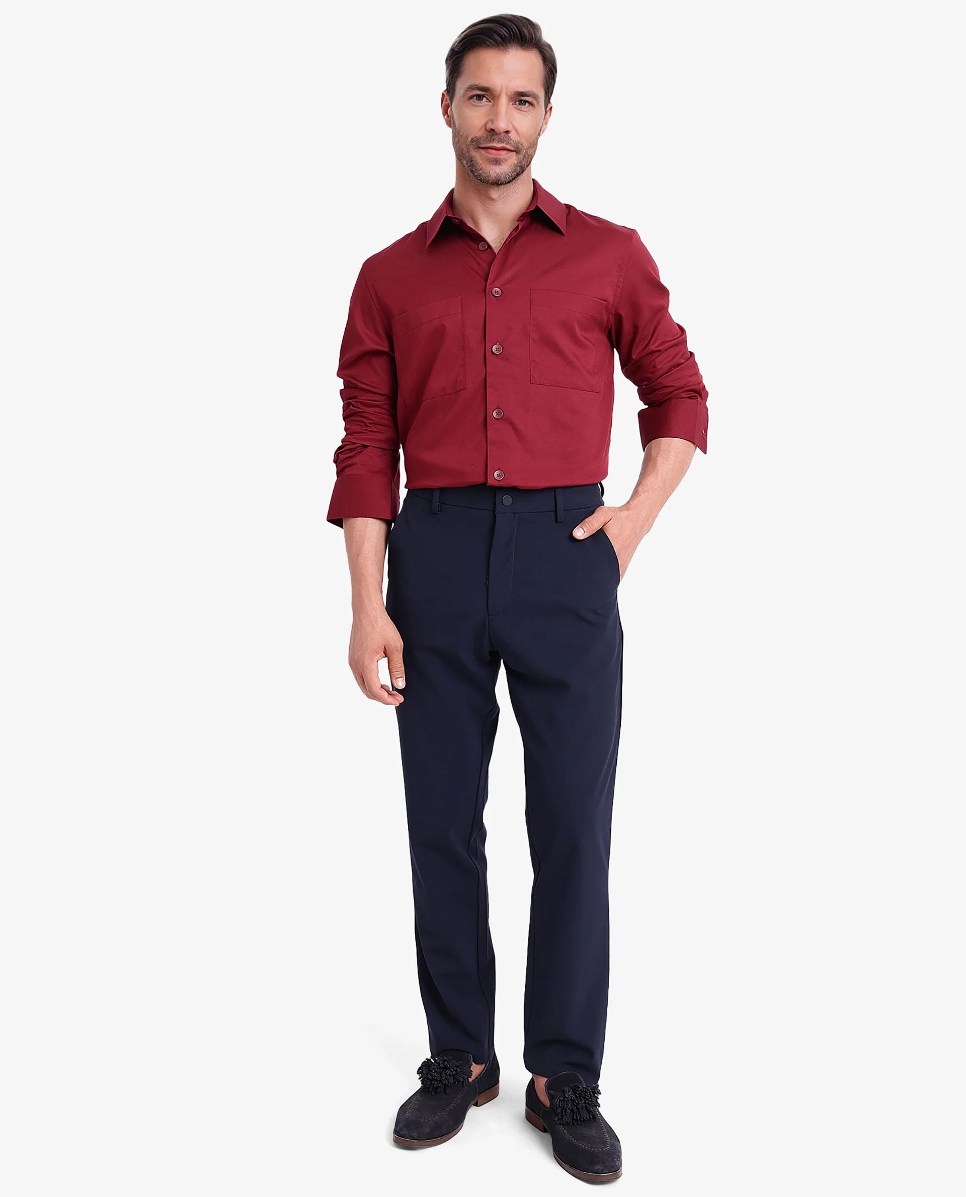 Rare Rabbit Men Esso Maroon Full Sleeve Collared Neck Button Closure Regular Fit Plain Shirt