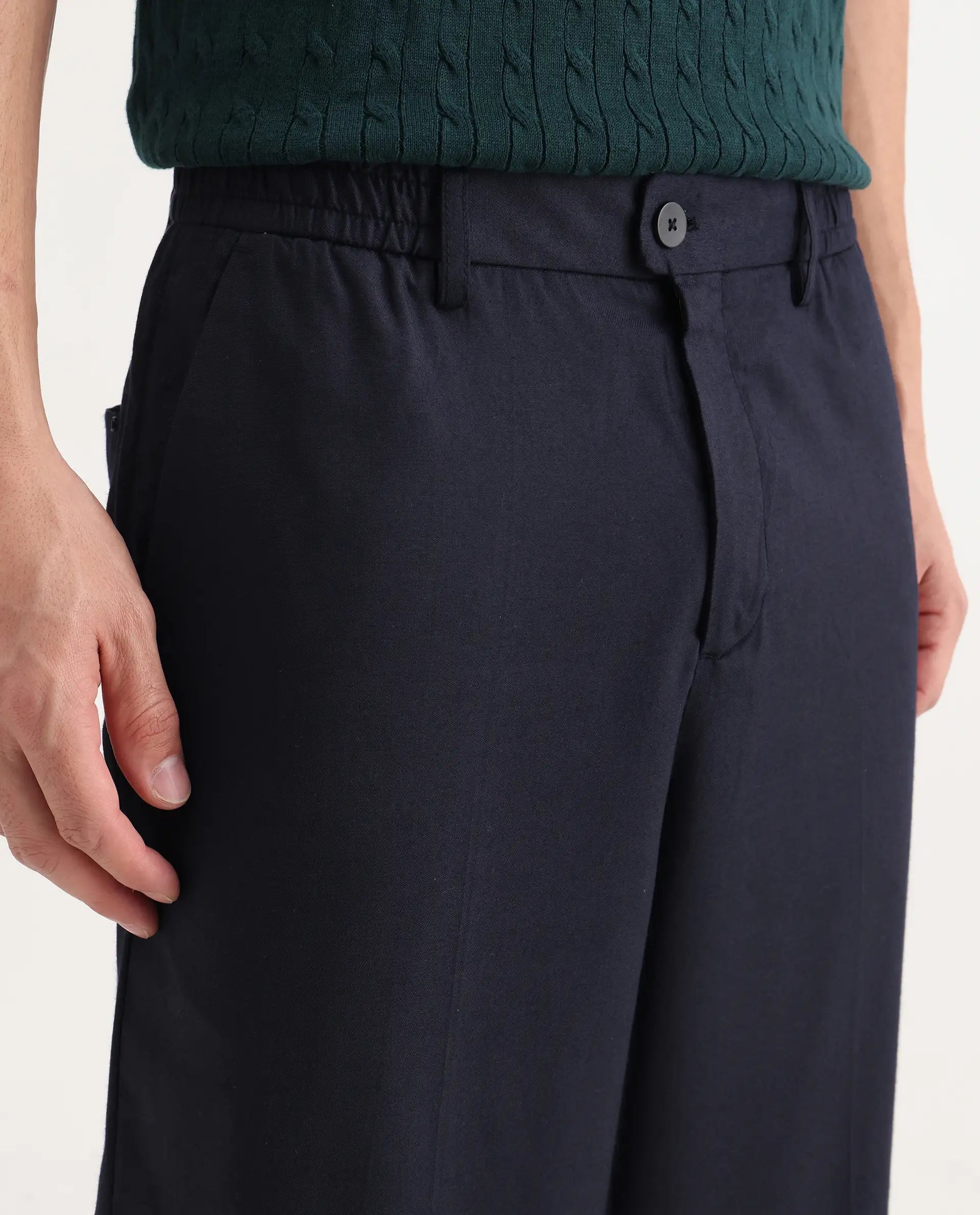 Rare Rabbit Men's Essot Navy Cotton Blend Plain Baggy Fit Trouser