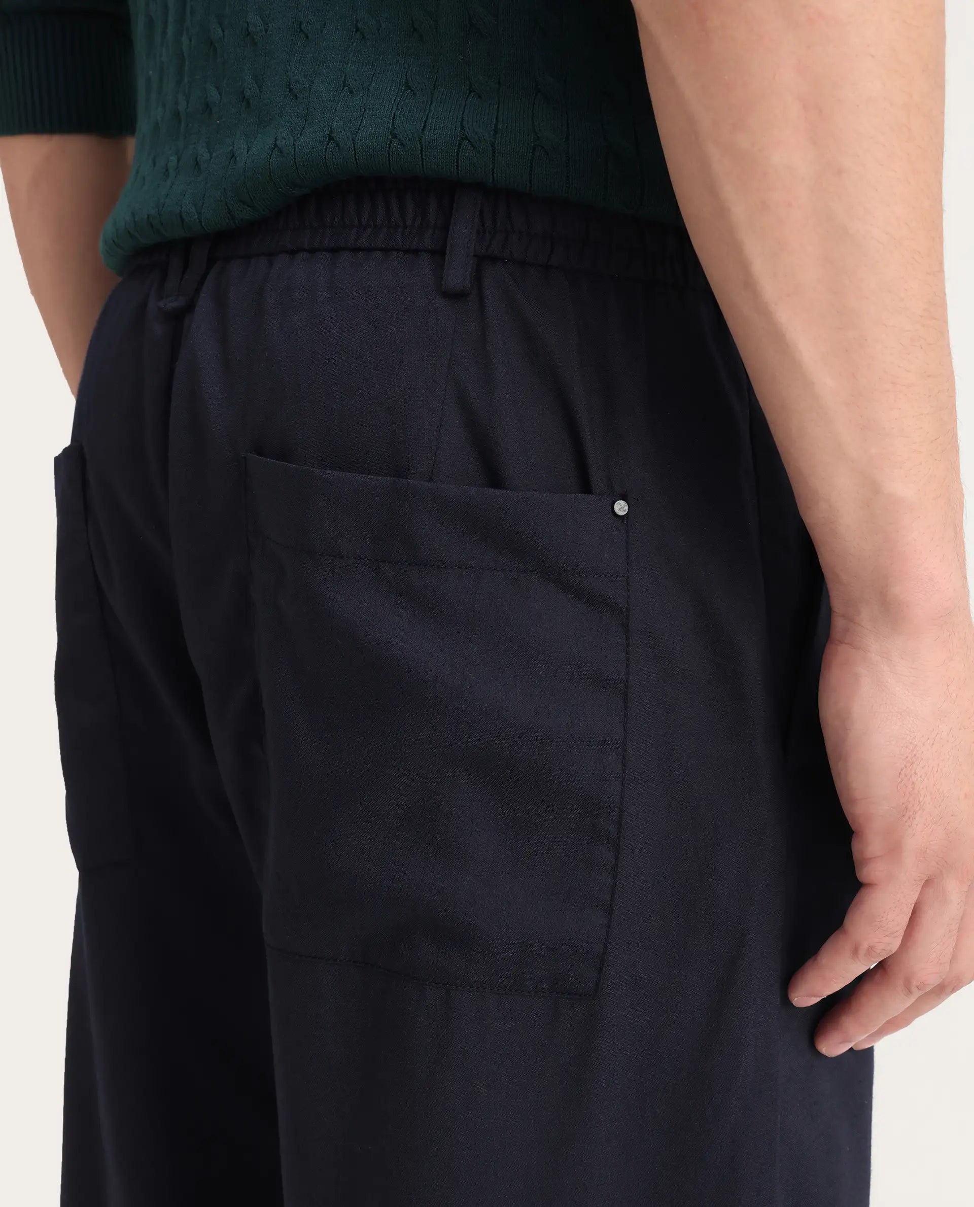 Rare Rabbit Men's Essot Navy Cotton Blend Plain Baggy Fit Trouser