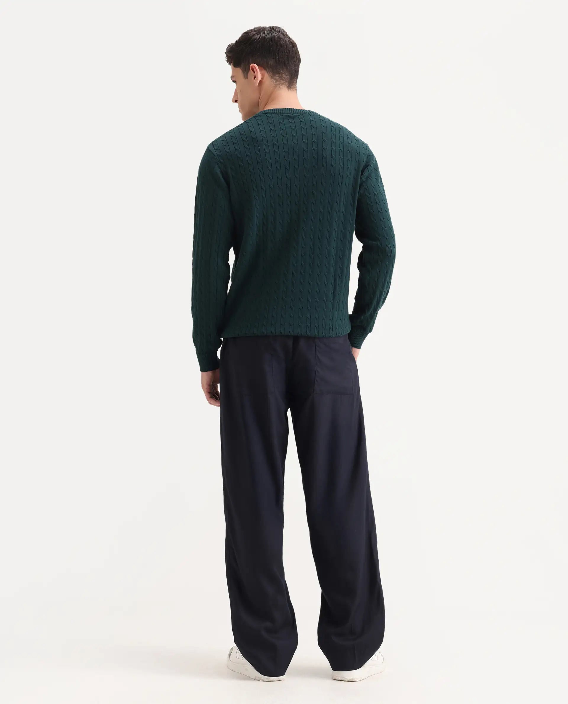 Rare Rabbit Men's Essot Navy Cotton Blend Plain Baggy Fit Trouser