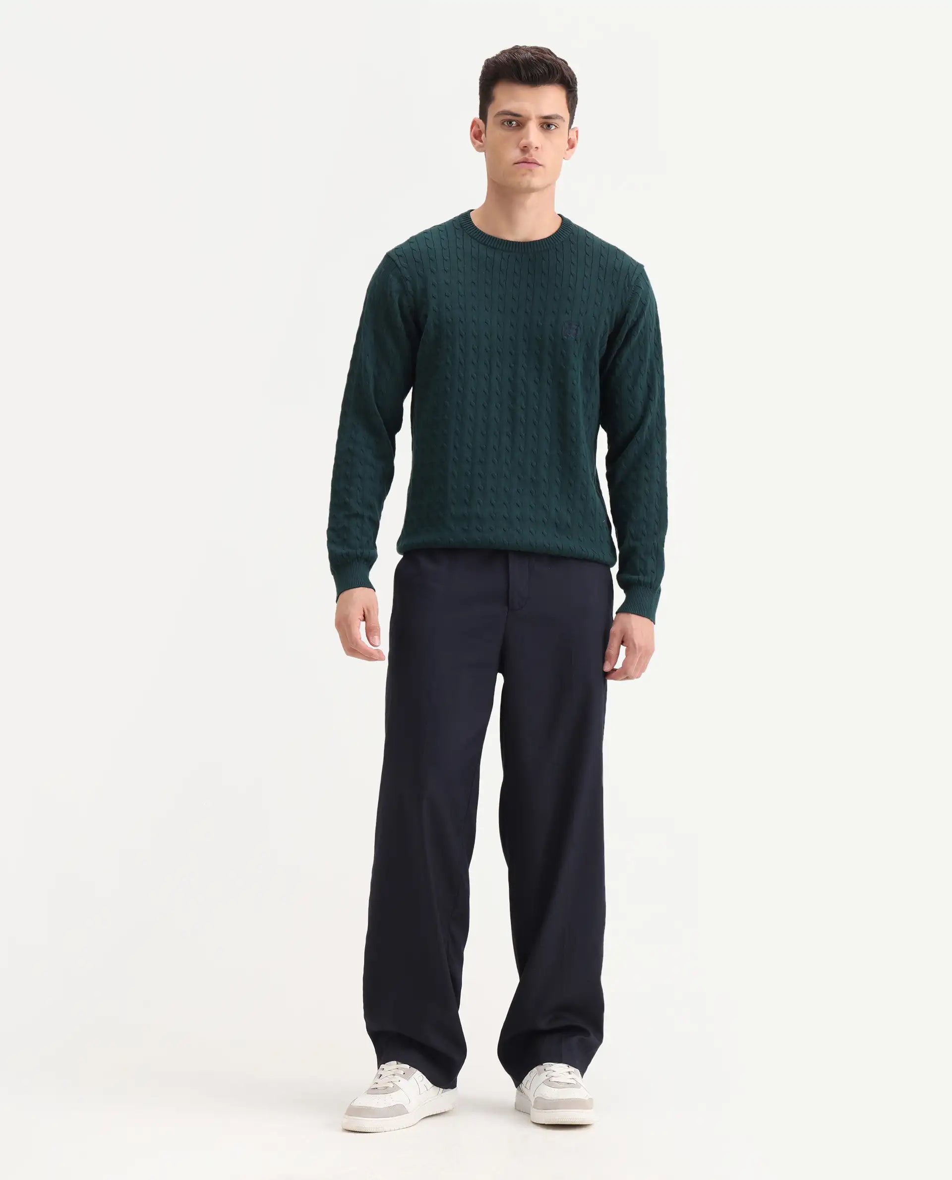 Rare Rabbit Men's Essot Navy Cotton Blend Plain Baggy Fit Trouser