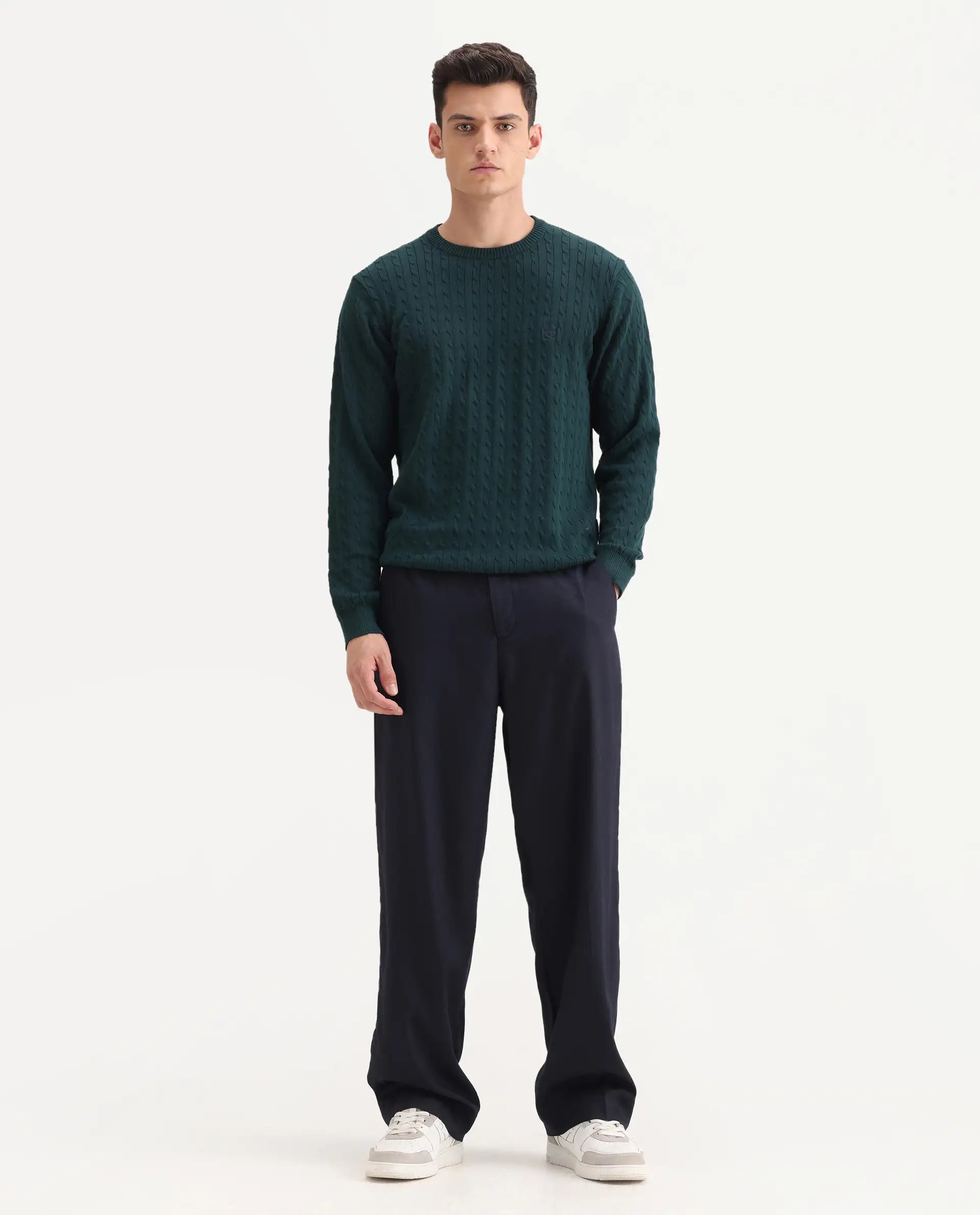 Rare Rabbit Men's Essot Navy Cotton Blend Plain Baggy Fit Trouser