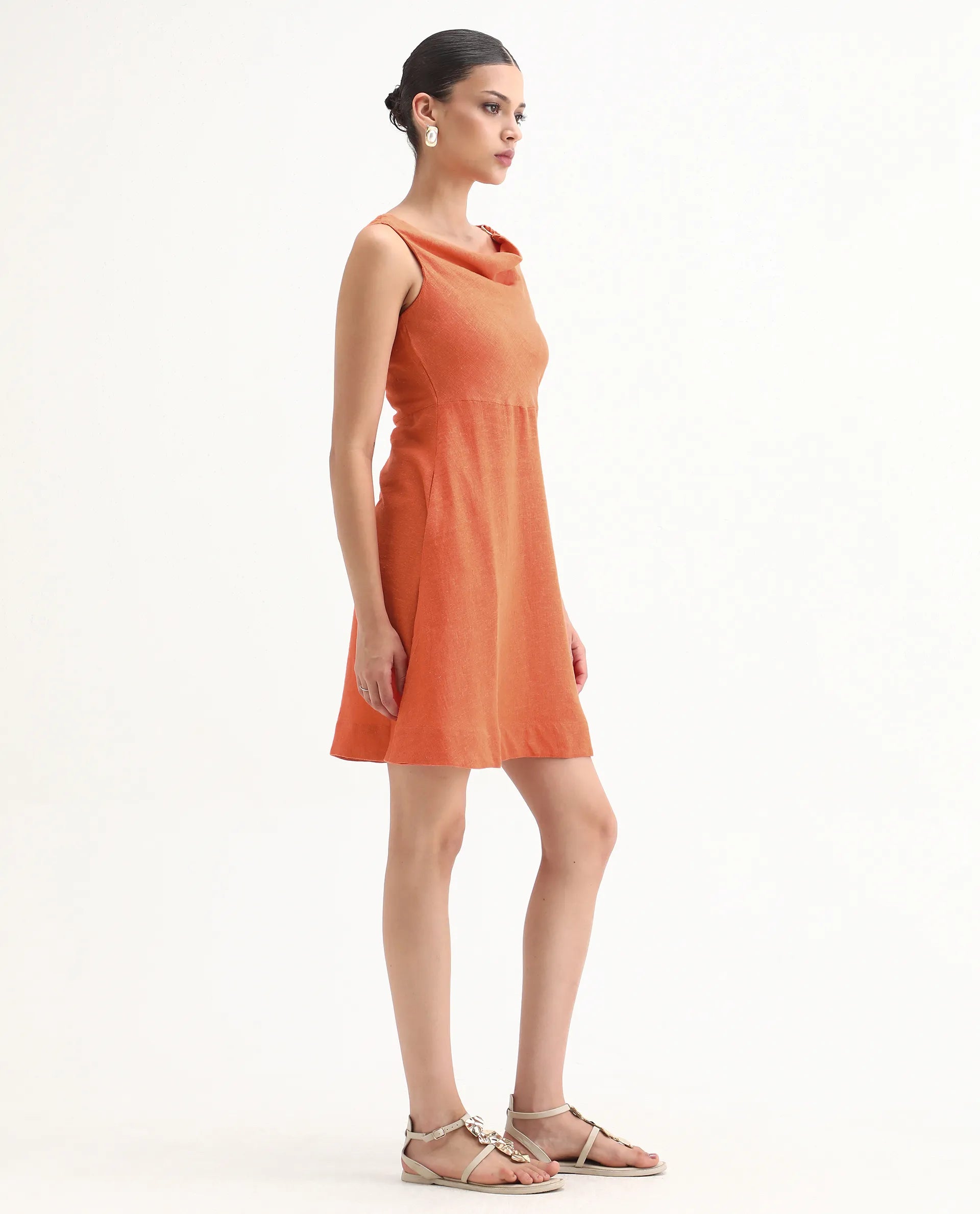 Rareism Women's Eswati Orange Linen Cowl Neck Plain Sleeveless Knee Length Flared Dress