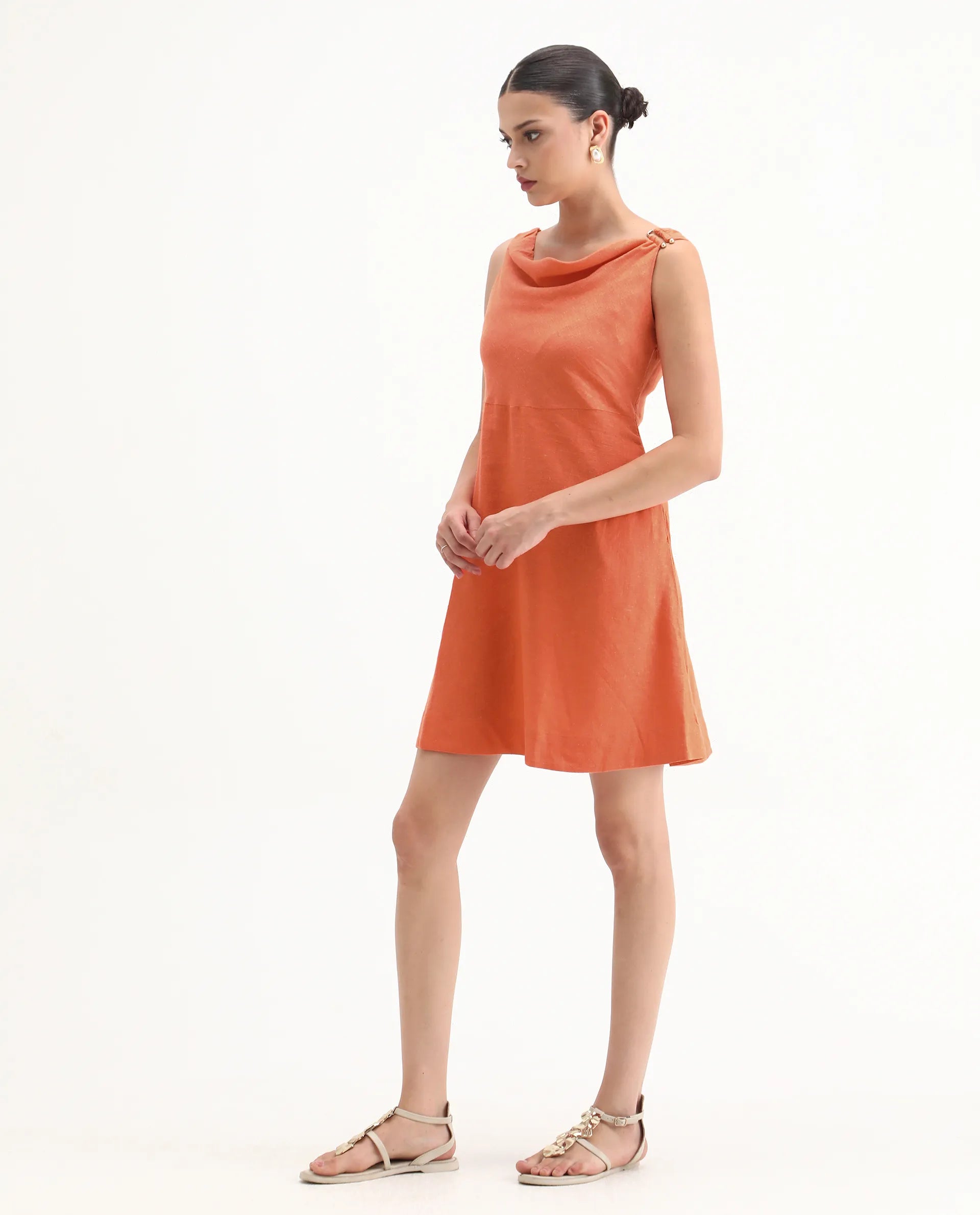 Rareism Women's Eswati Orange Linen Cowl Neck Plain Sleeveless Knee Length Flared Dress