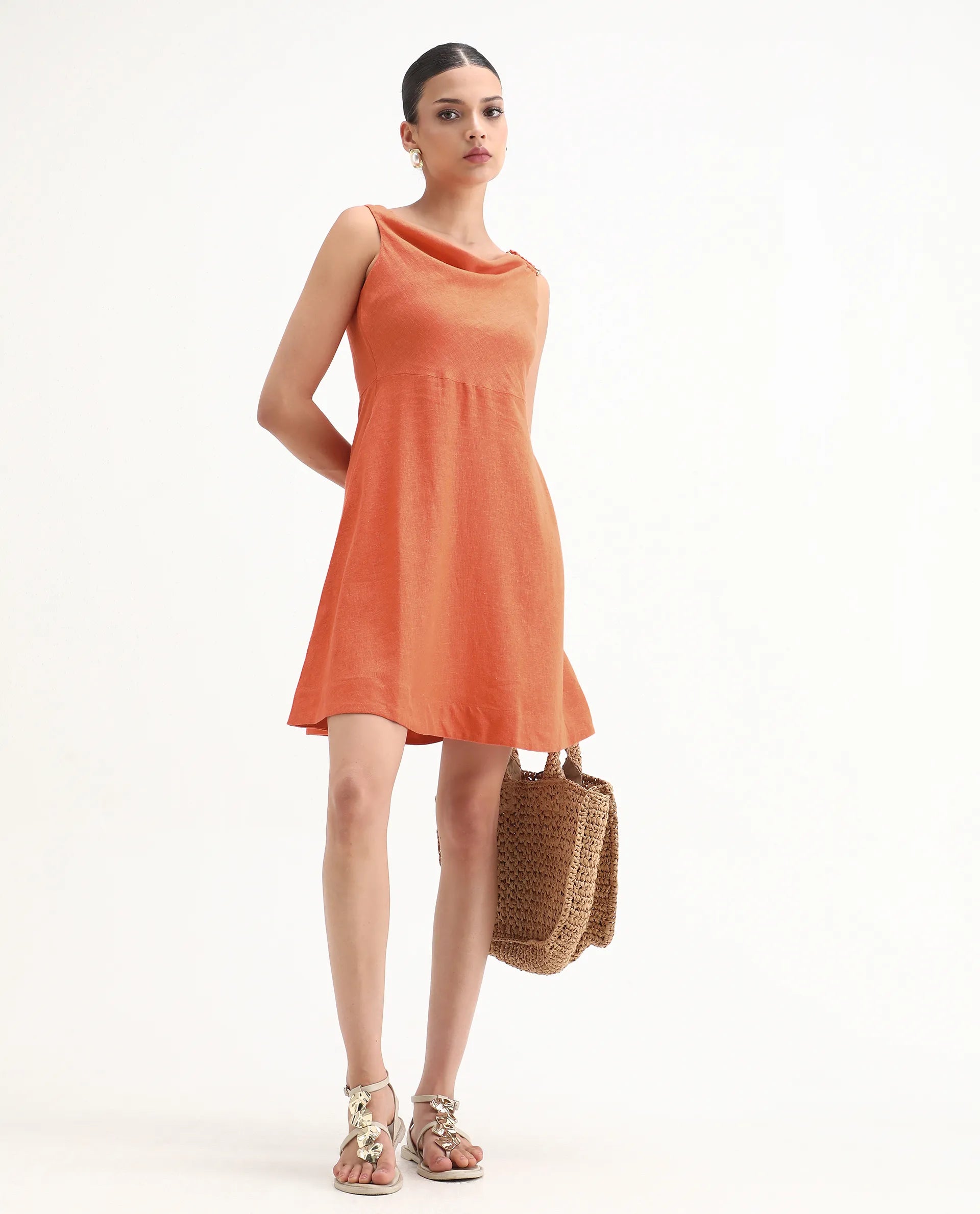 Rareism Women's Eswati Orange Linen Cowl Neck Plain Sleeveless Knee Length Flared Dress