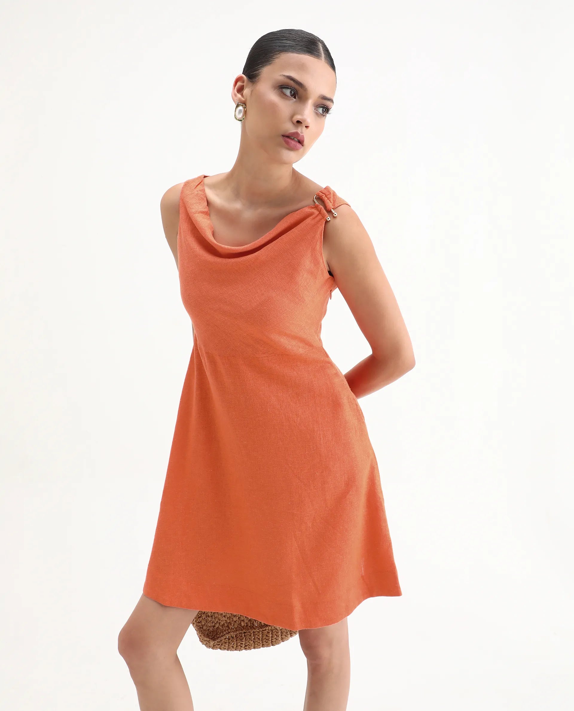 Rareism Women's Eswati Orange Linen Cowl Neck Plain Sleeveless Knee Length Flared Dress