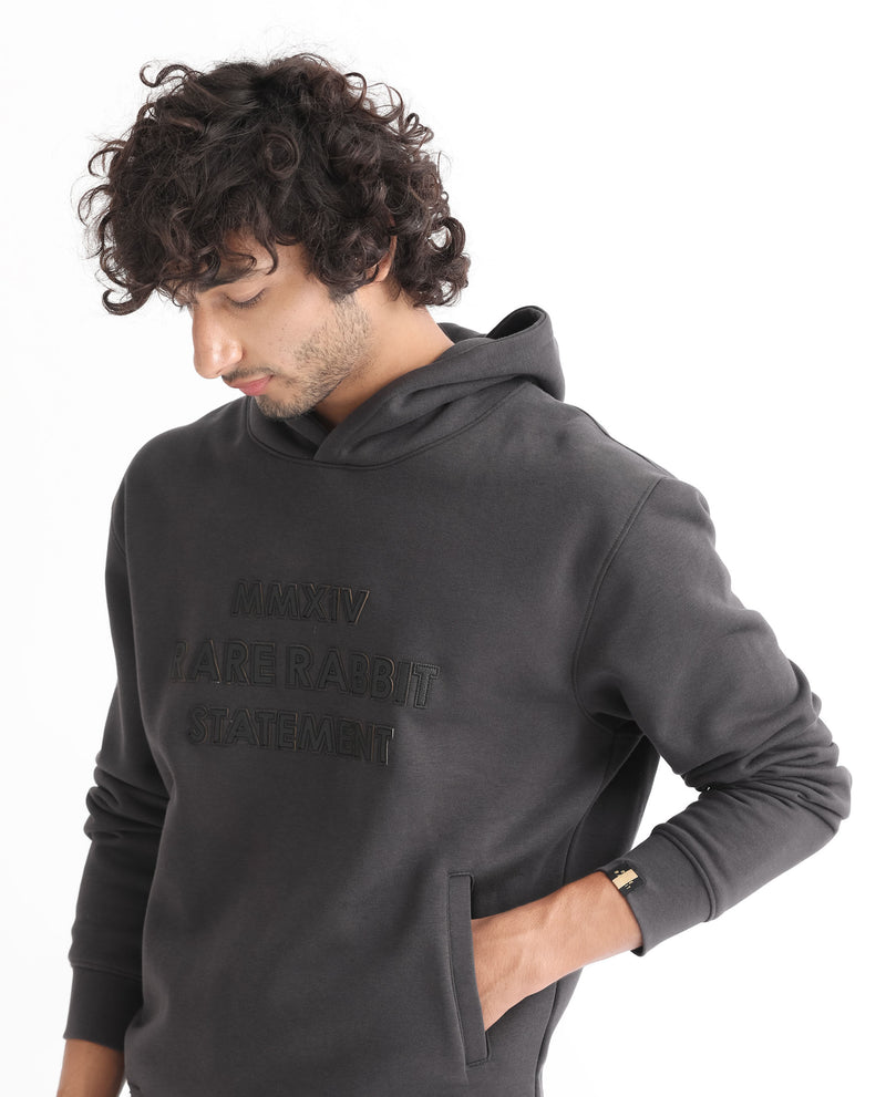 RARE RABBIT MENS ETHER DARK GREY SWEATSHIRT COTTON POLYESTER FABRIC HOODED NECK KNITTED FULL SLEEVES COMFORTABLE FIT