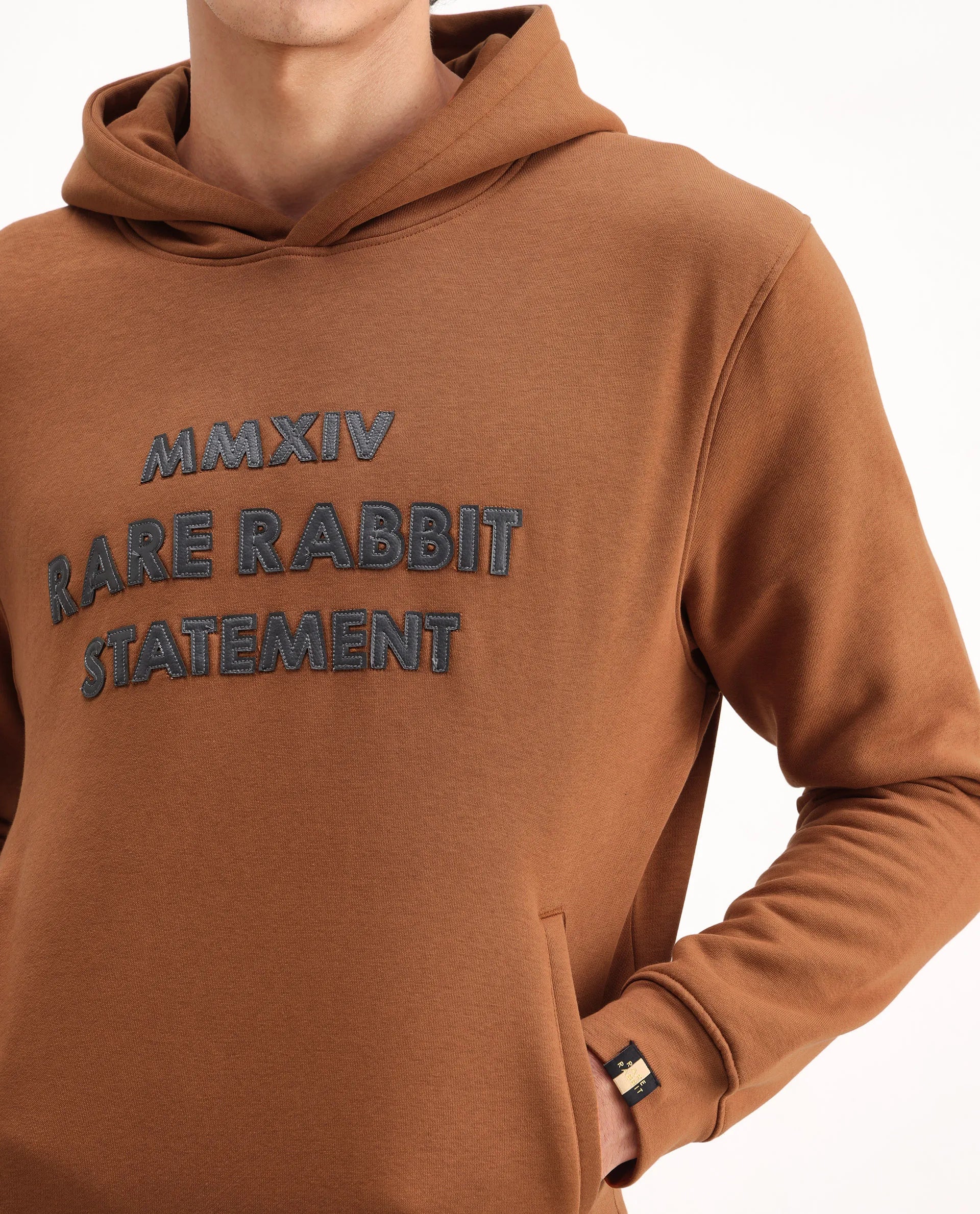 Rare Rabbit Men's Ether Rust Cotton Embroidered Regular Fit Full Sleeve Hooded Sweatshirt