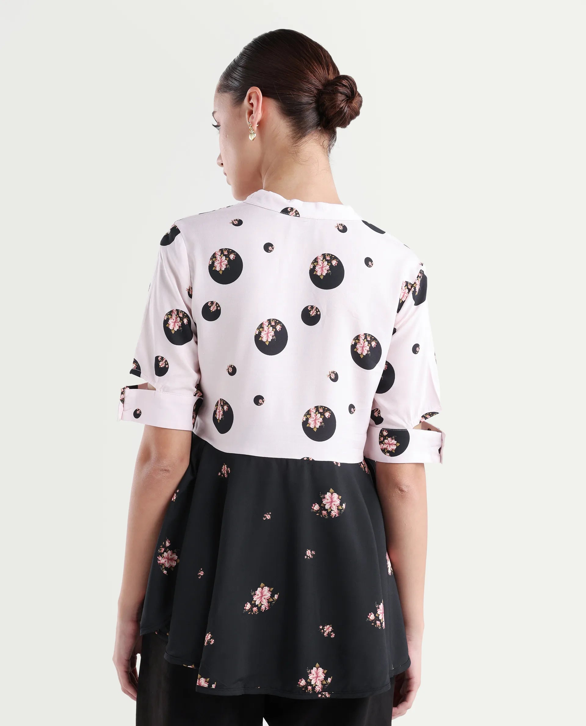 Rareism Women's Euphoria Light Pink Polyester V-Neck Polka Print Cuffed Sleeve Regular Fit Top