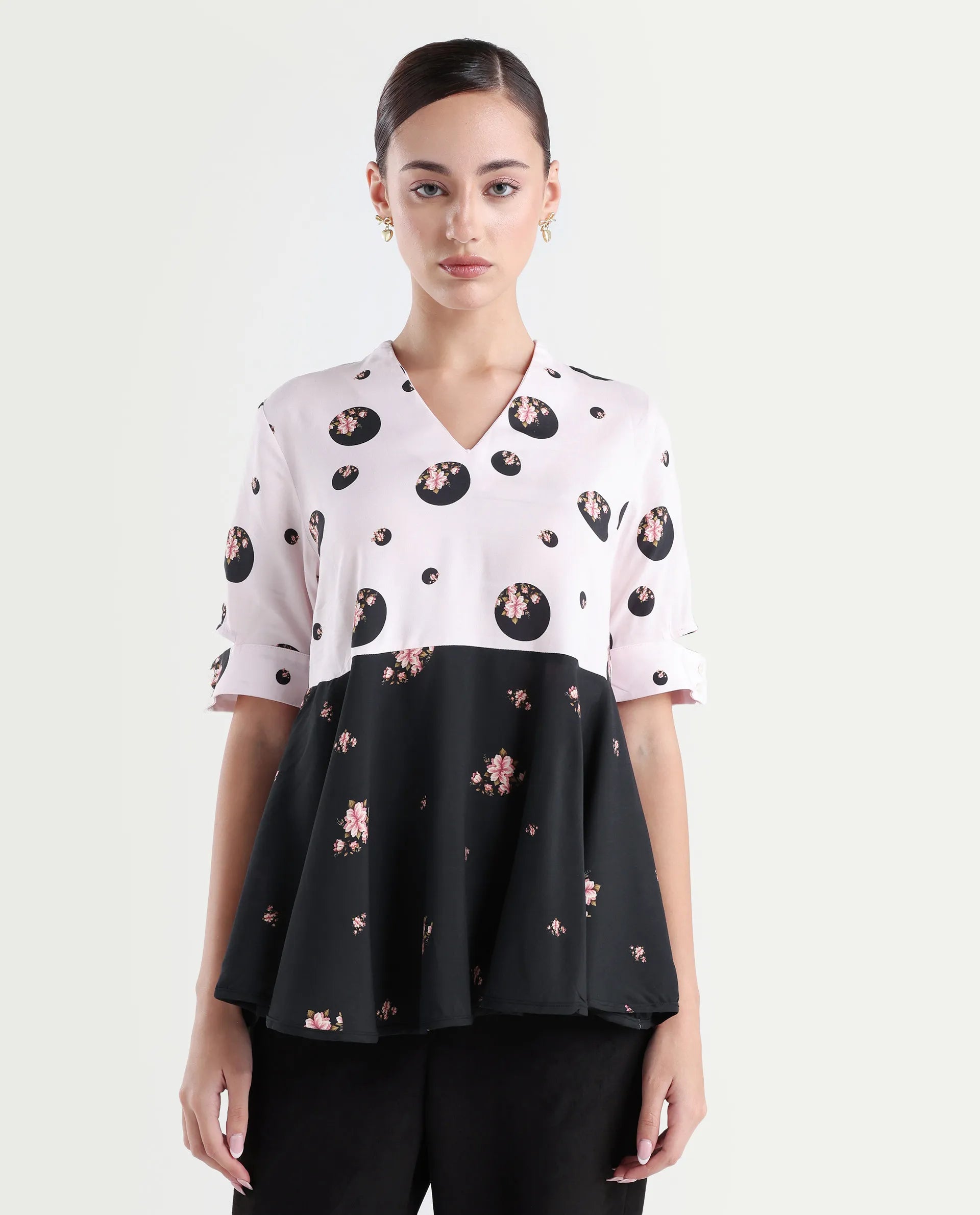 Rareism Women's Euphoria Light Pink Polyester V-Neck Polka Print Cuffed Sleeve Regular Fit Top