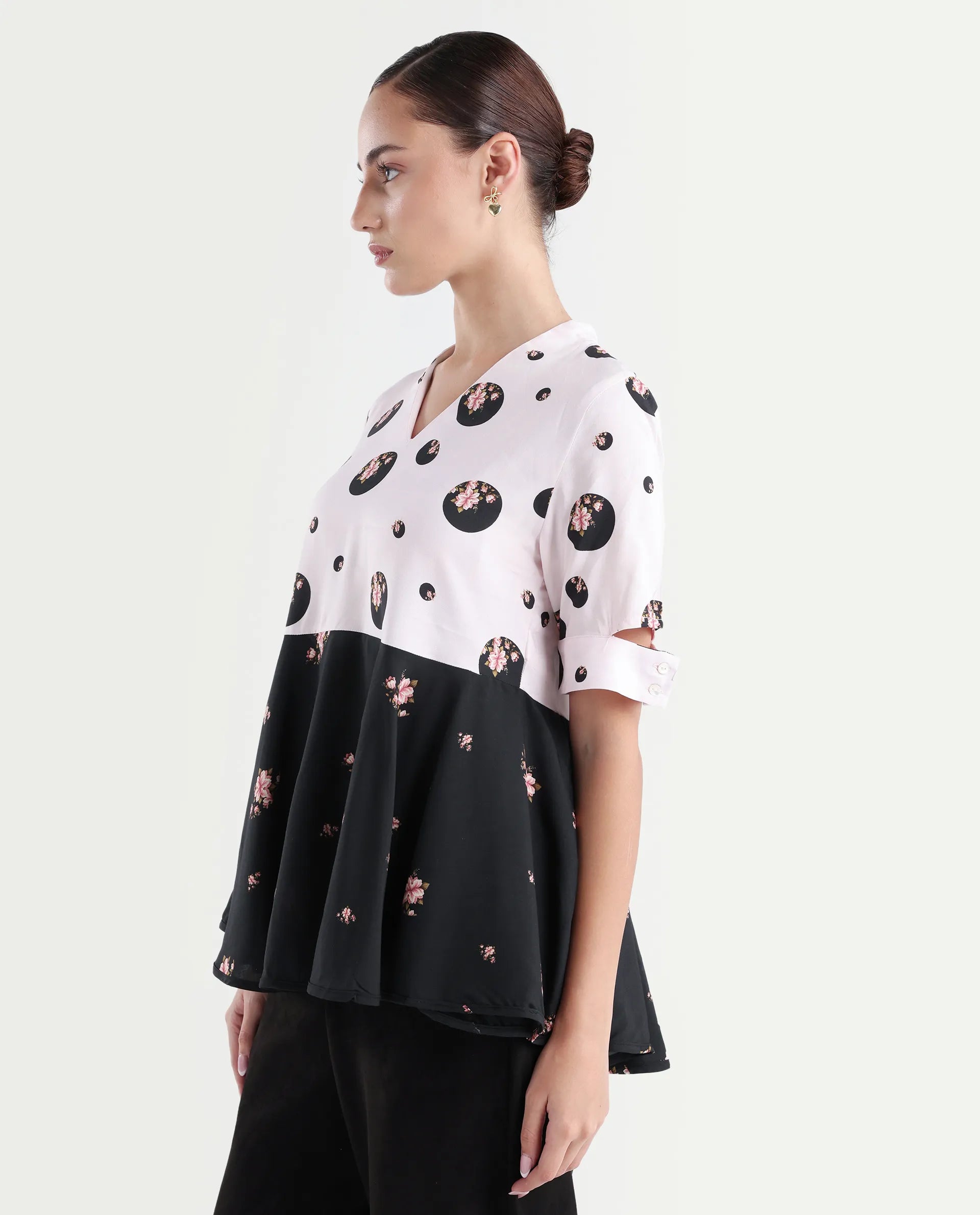 Rareism Women's Euphoria Light Pink Polyester V-Neck Polka Print Cuffed Sleeve Regular Fit Top