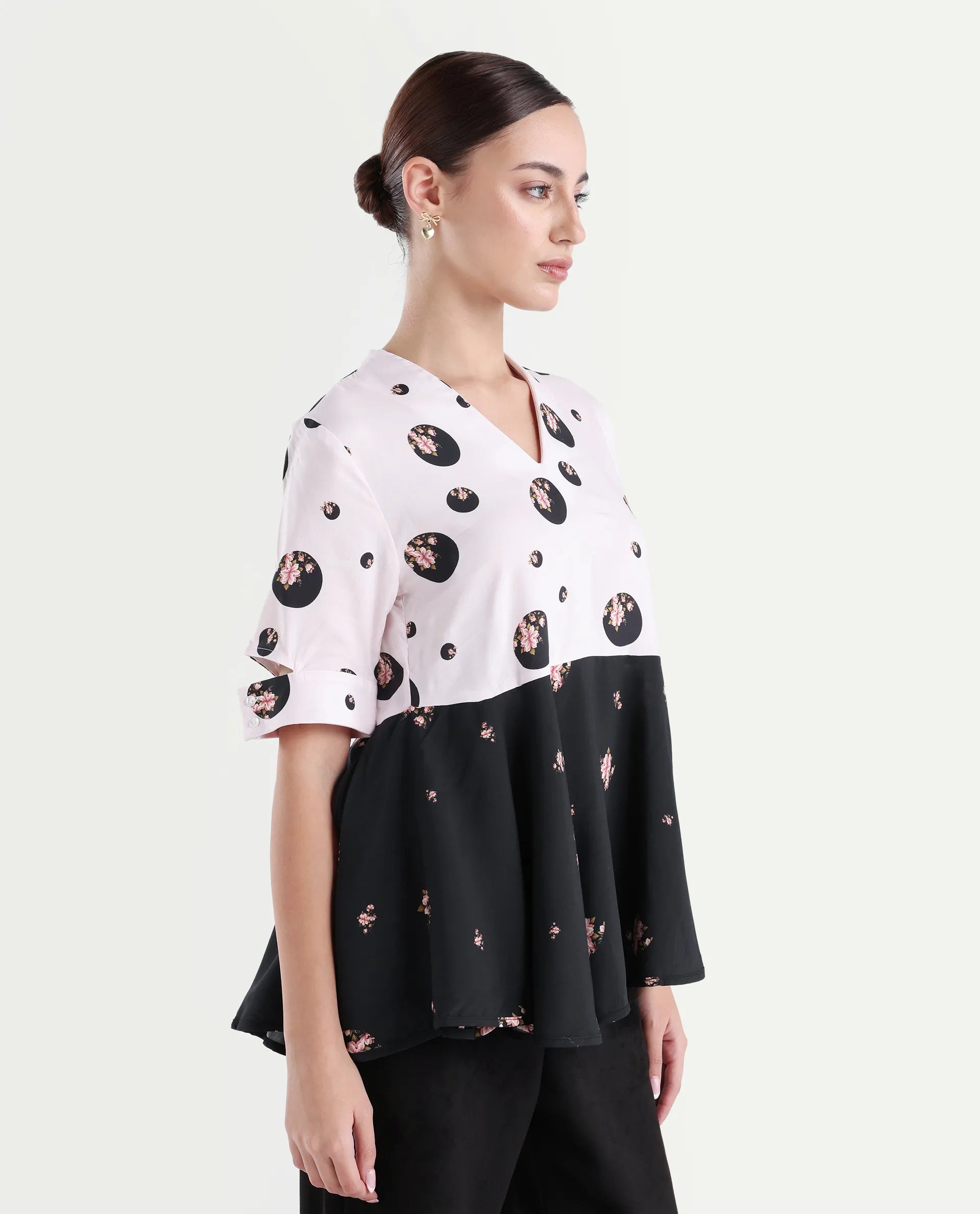 Rareism Women's Euphoria Light Pink Polyester V-Neck Polka Print Cuffed Sleeve Regular Fit Top