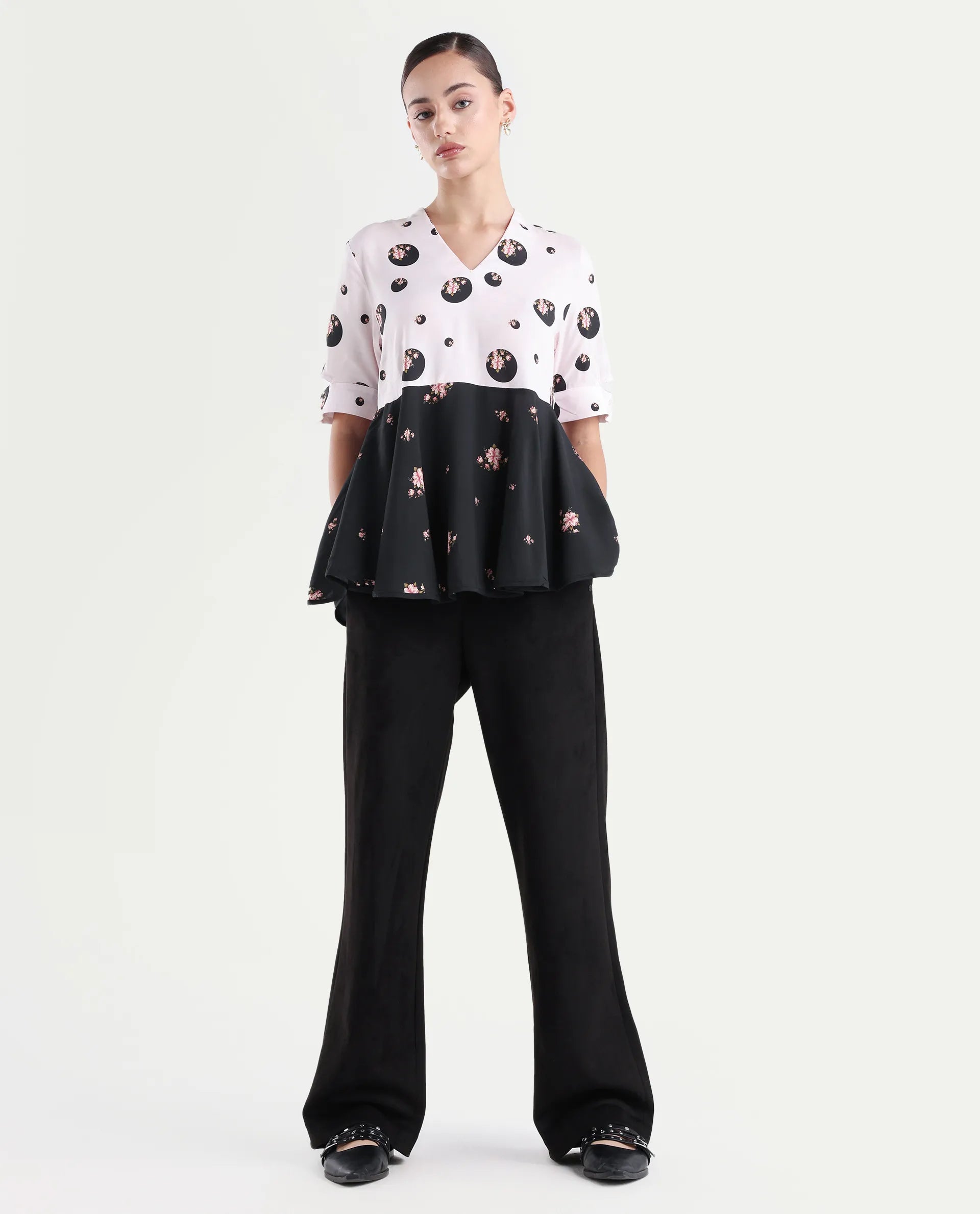 Rareism Women's Euphoria Light Pink Polyester V-Neck Polka Print Cuffed Sleeve Regular Fit Top