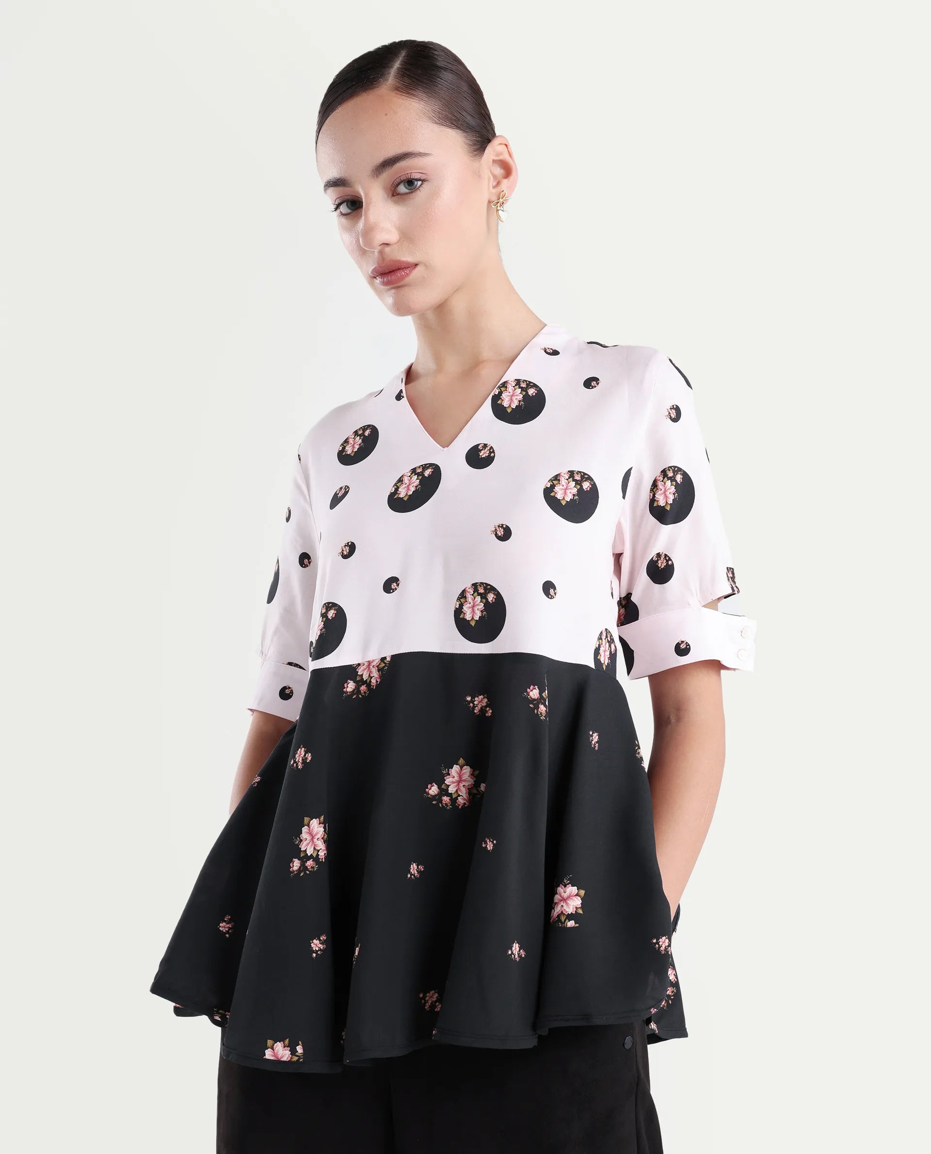 Rareism Women's Euphoria Light Pink Polyester V-Neck Polka Print Cuffed Sleeve Regular Fit Top