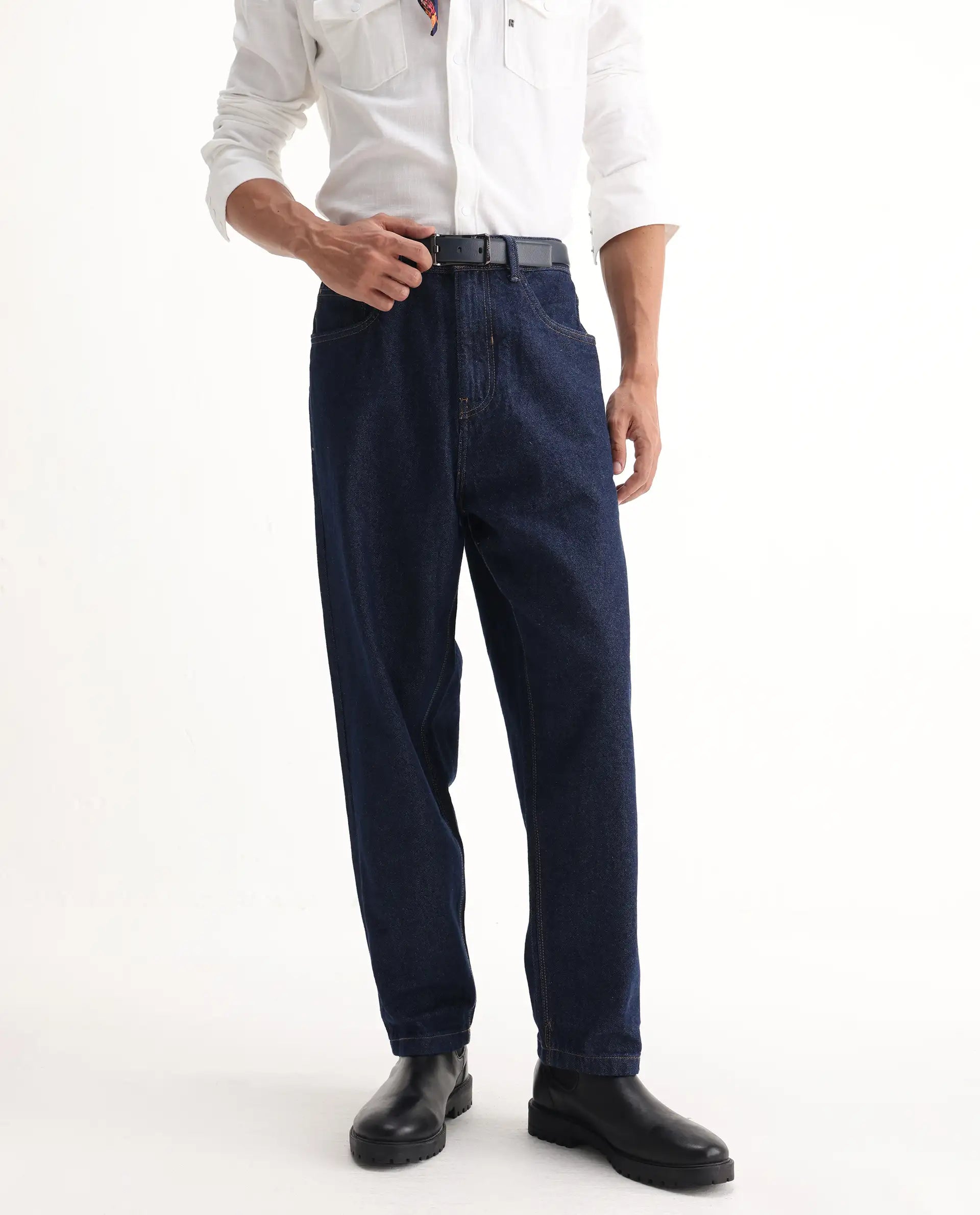 Rare Rabbit Men's Evet-2 Dark Blue Cotton Plain Baggy Fit Jeans