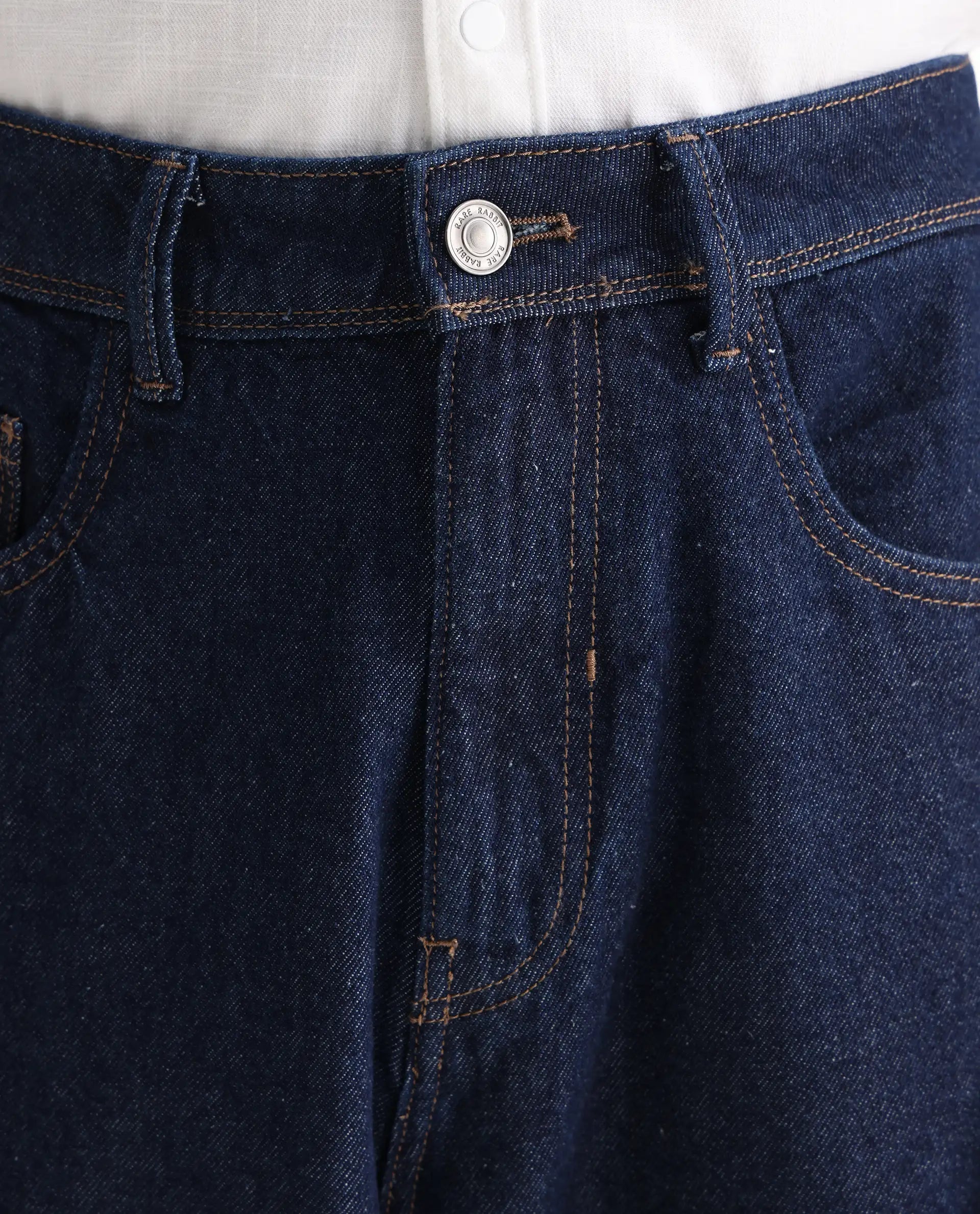 Rare Rabbit Men's Evet-2 Dark Blue Cotton Plain Baggy Fit Jeans