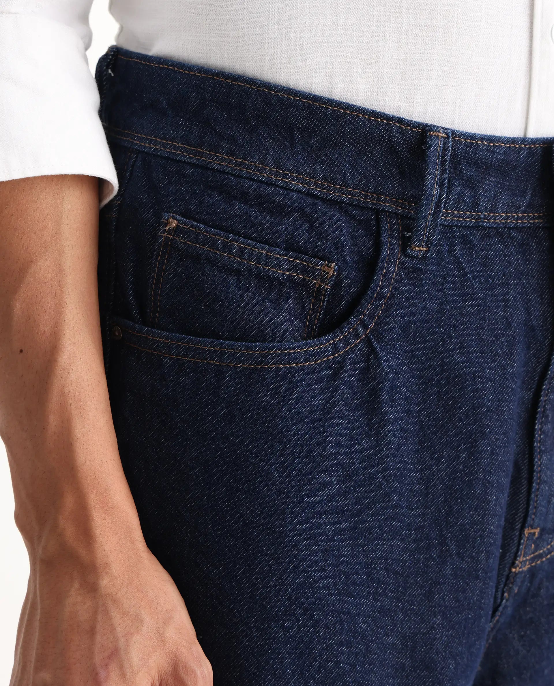 Rare Rabbit Men's Evet-2 Dark Blue Cotton Plain Baggy Fit Jeans