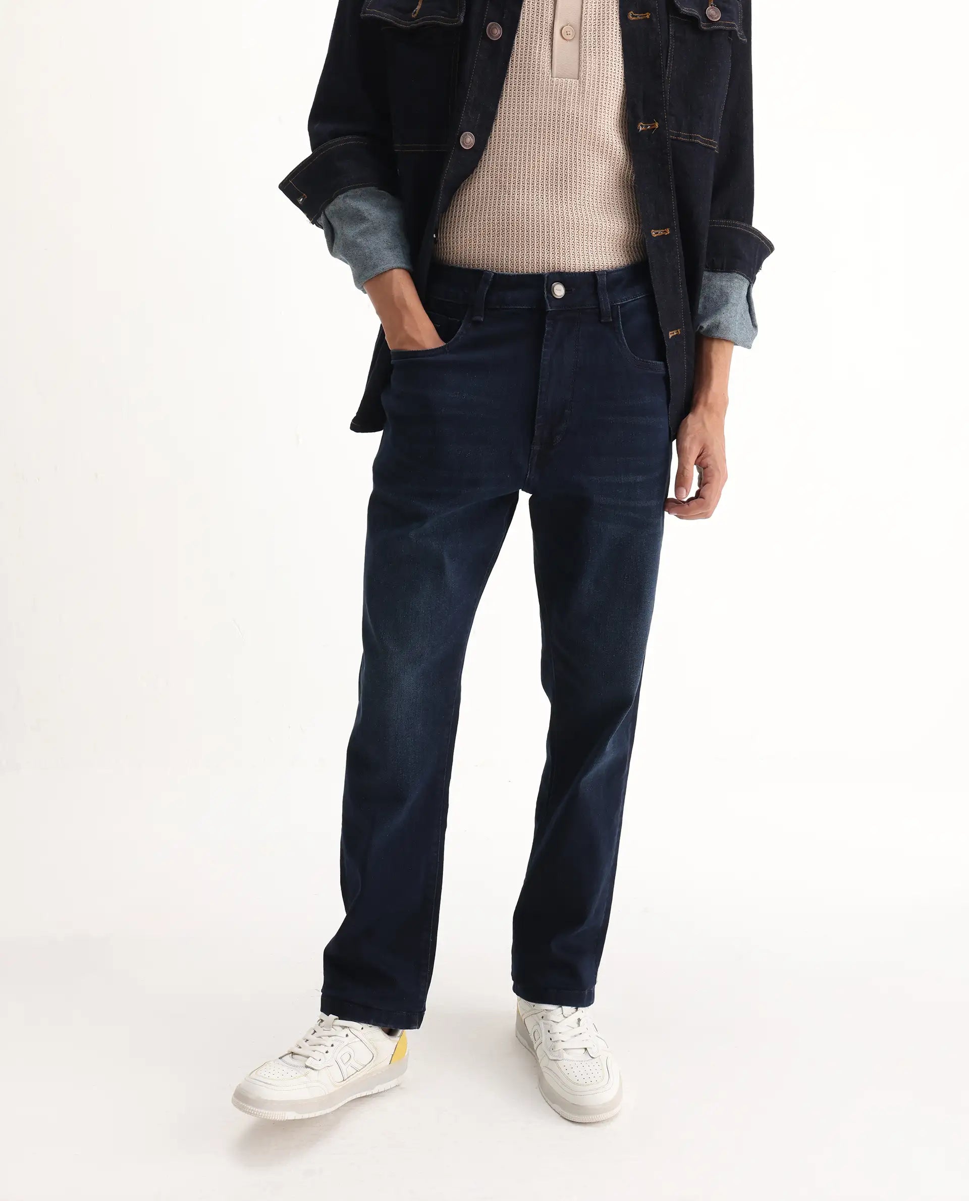 Rare Rabbit Men's Evolve Dark Navy Cotton Blend Plain Morris Regular Fit Jeans