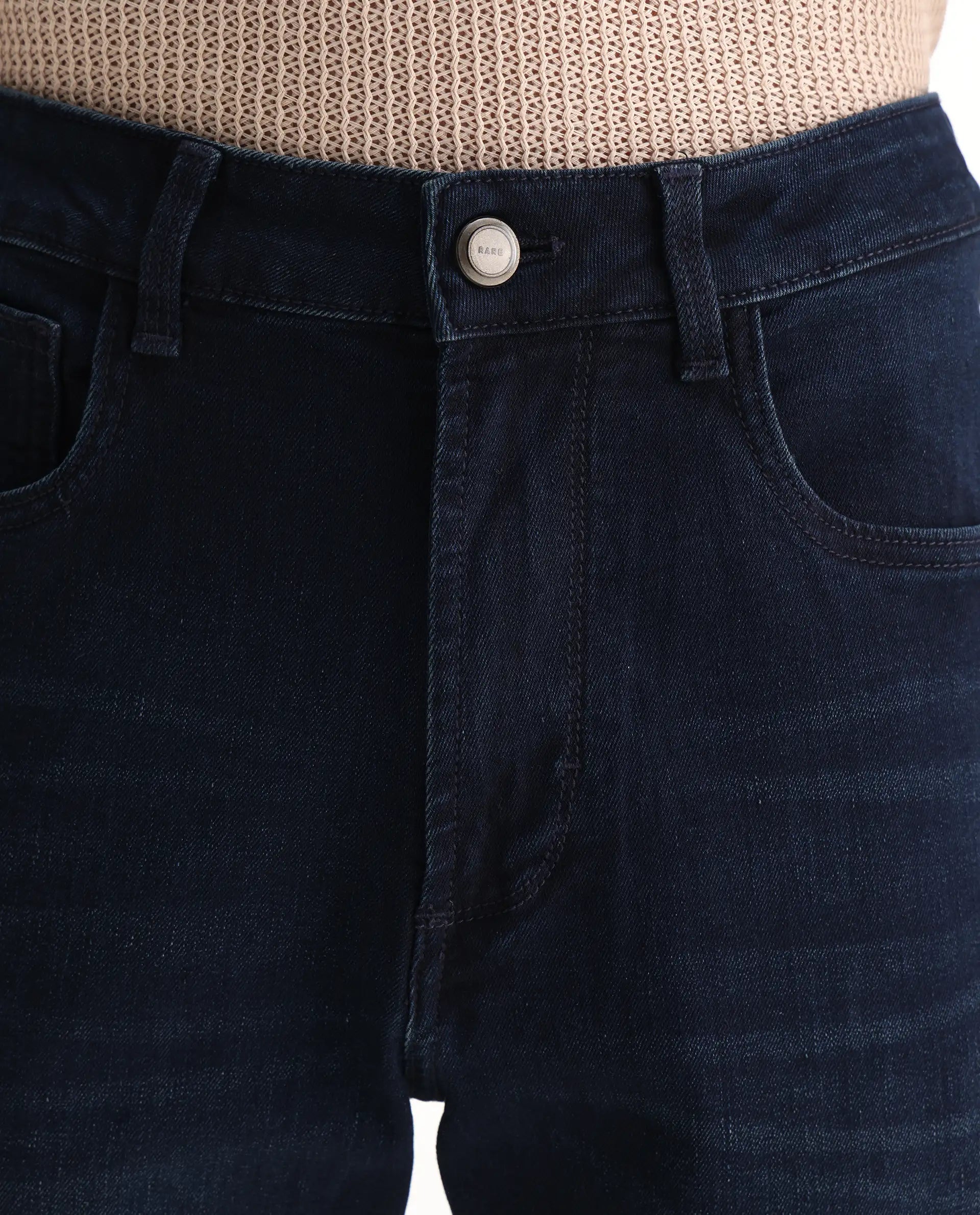 Rare Rabbit Men's Evolve Dark Navy Cotton Blend Plain Morris Regular Fit Jeans