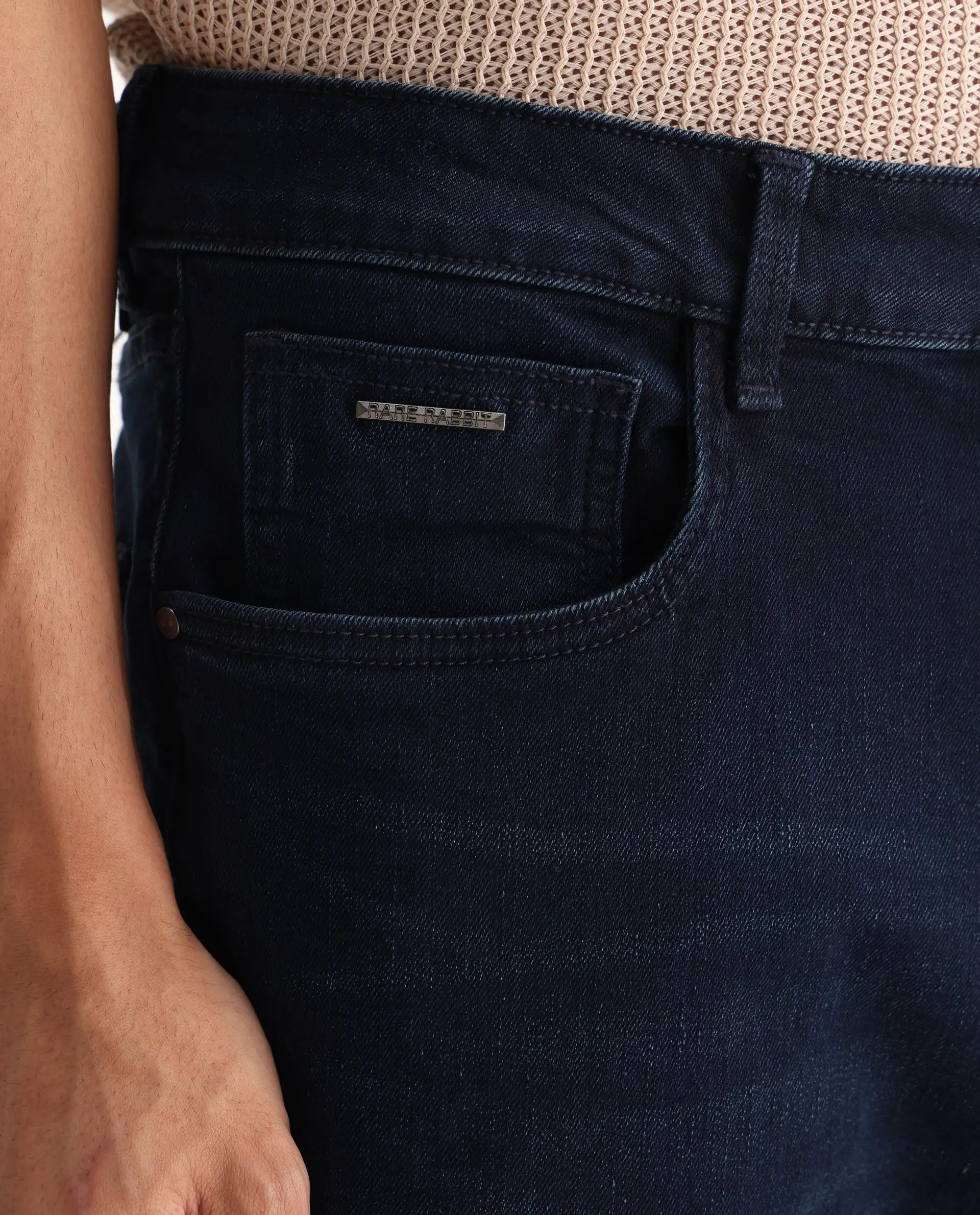 Rare Rabbit Men's Evolve Dark Navy Cotton Blend Plain Morris Regular Fit Jeans