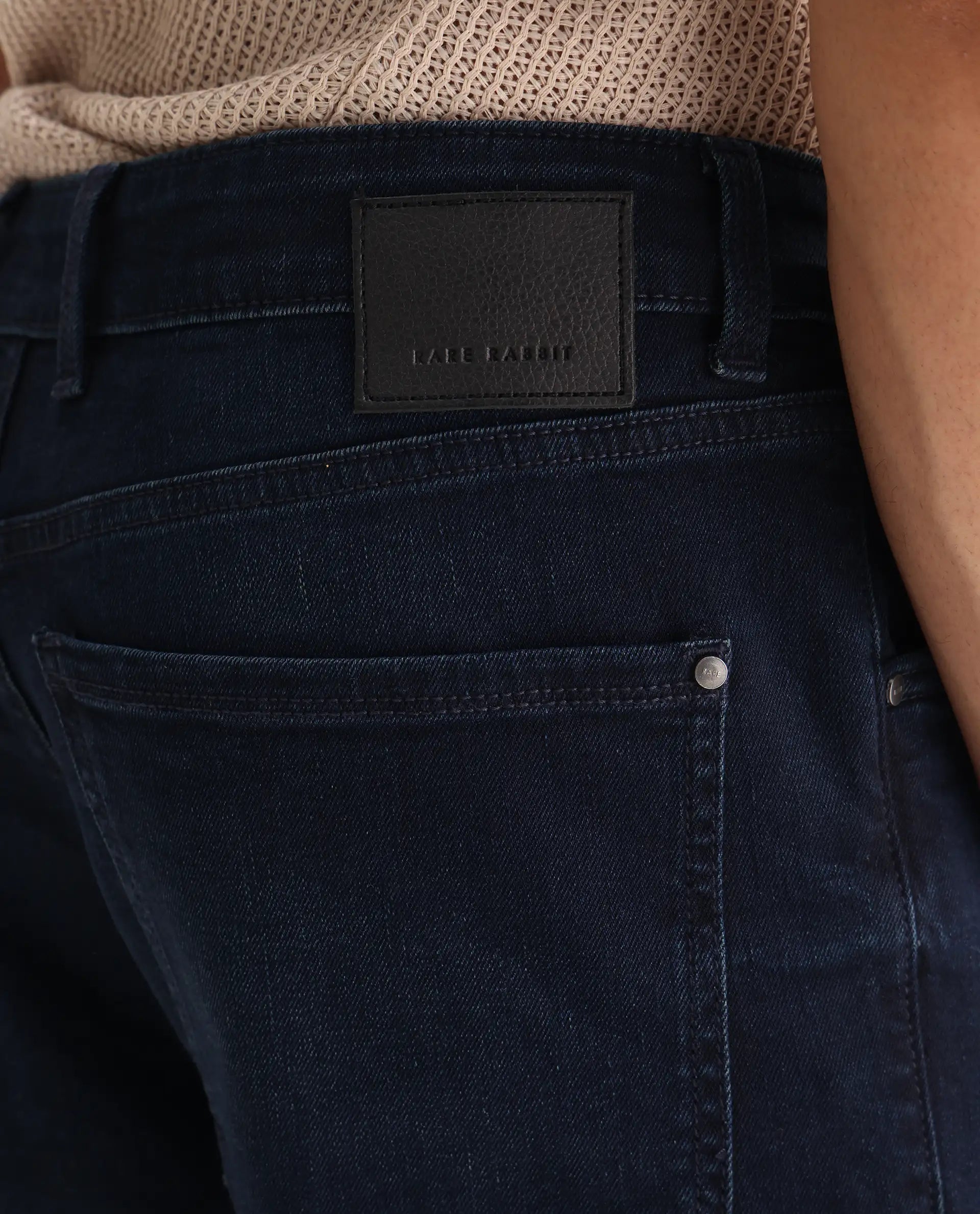 Rare Rabbit Men's Evolve Dark Navy Cotton Blend Plain Morris Regular Fit Jeans