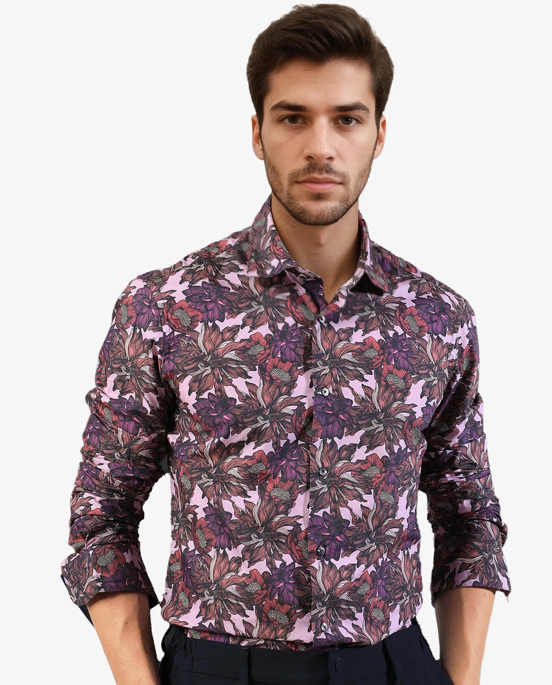 Rare Rabbit Men's Ezees Purple Cotton Fabric Floral Print Full Sleeves Shirt
