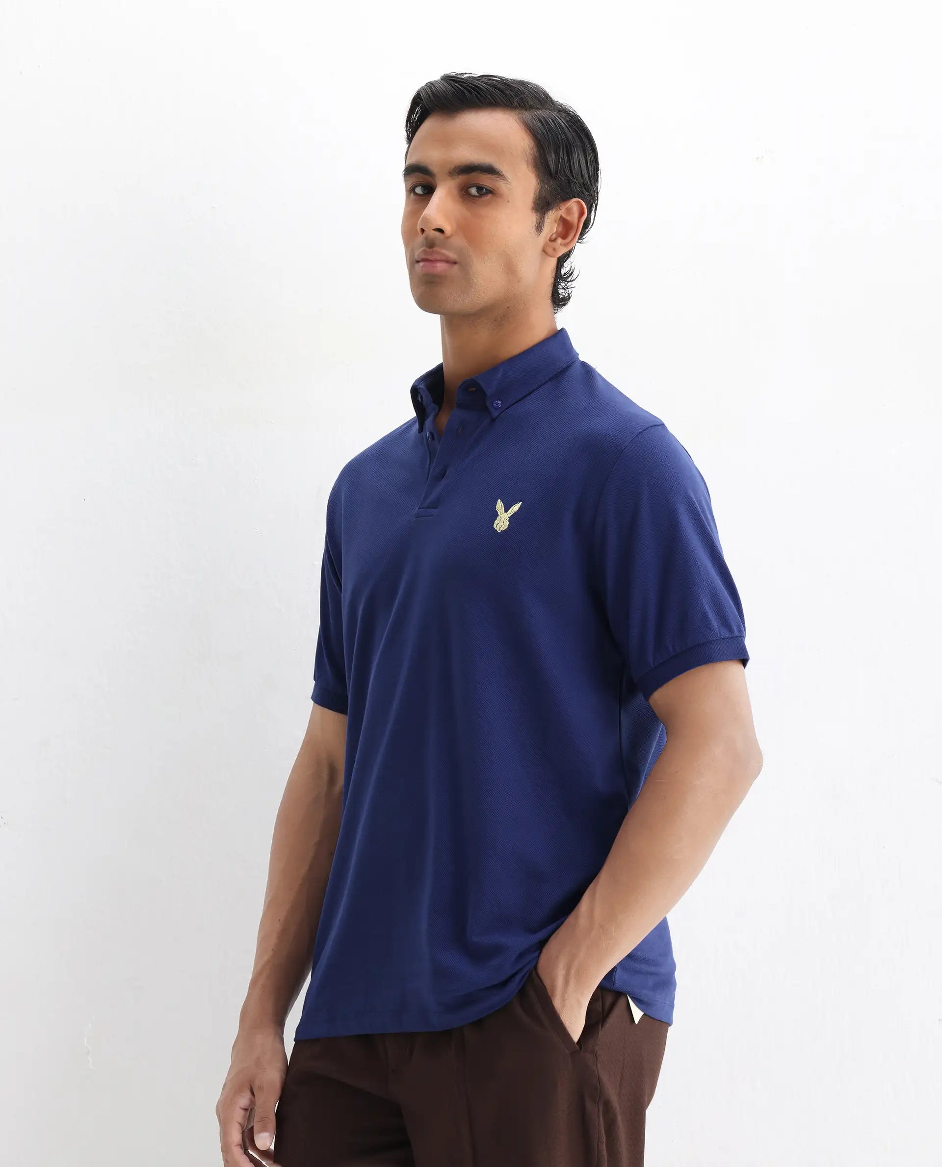 Rare Rabbit Men's Face Blue Cotton Embroidered Regular Fit Half Sleeve Polo