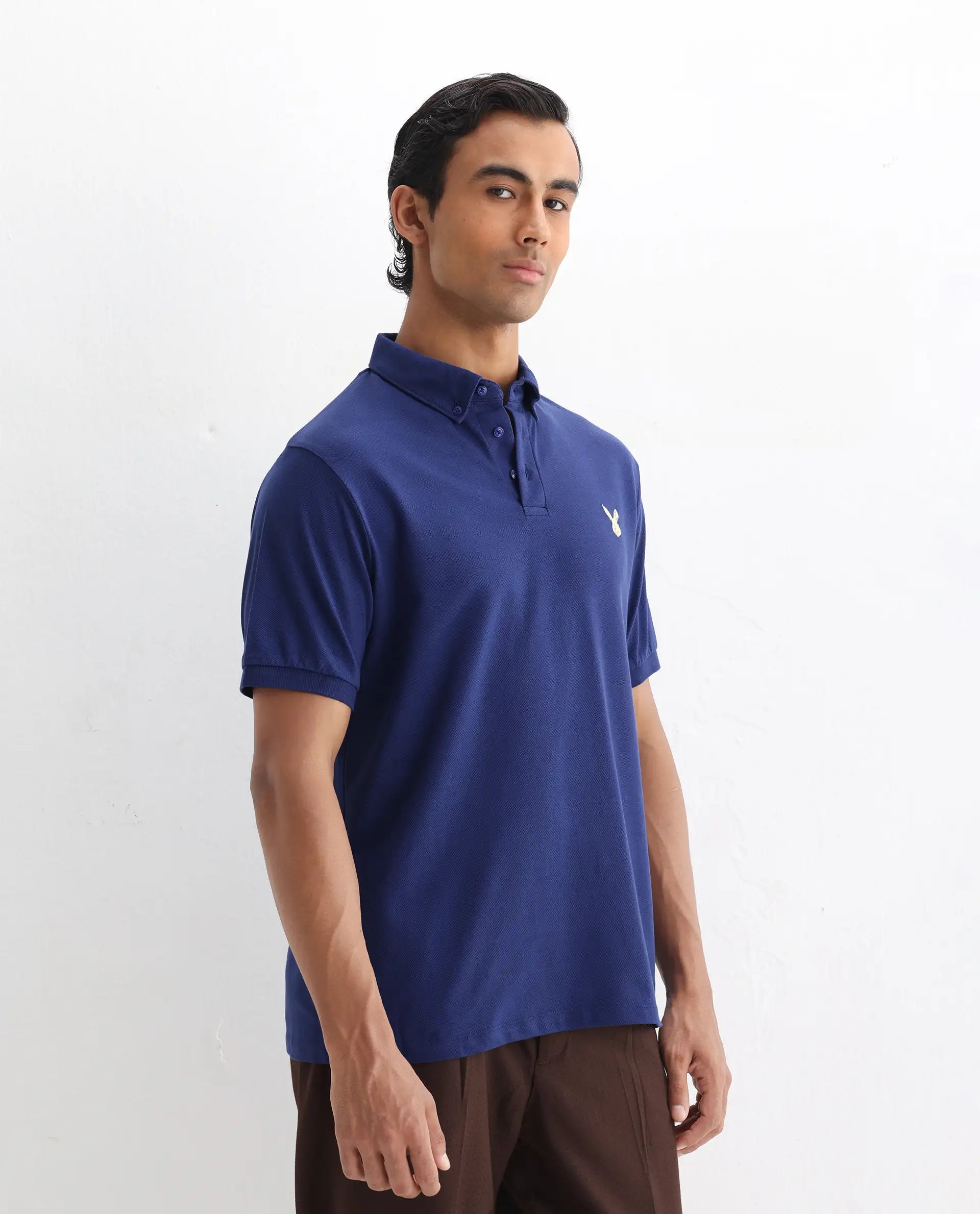 Rare Rabbit Men's Face Blue Cotton Embroidered Regular Fit Half Sleeve Polo