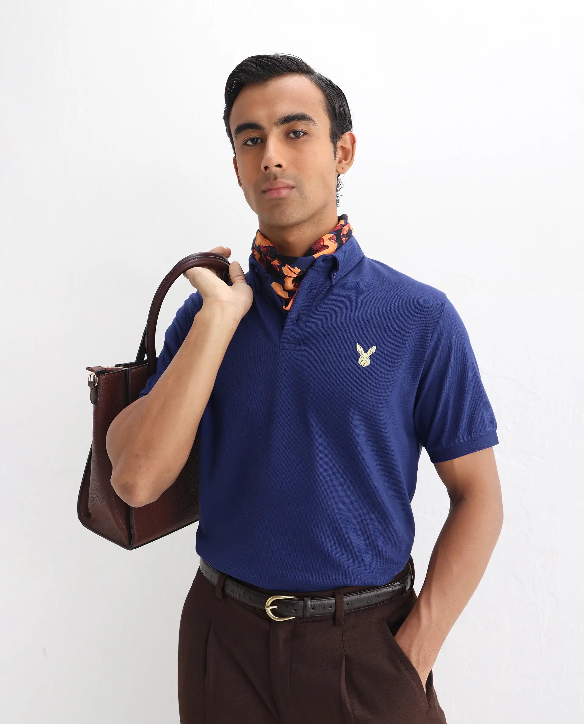 Rare Rabbit Men's Face Blue Cotton Embroidered Regular Fit Half Sleeve Polo