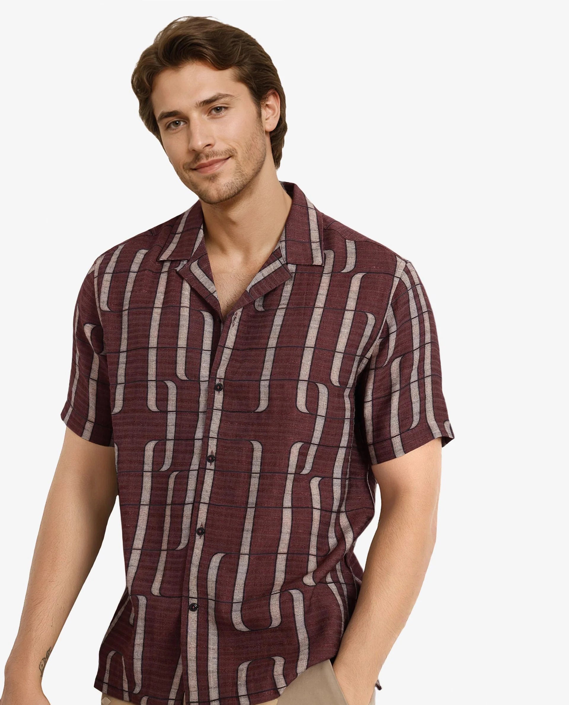 Rare Rabbit Men Fad Brown Short Sleeve Cuban Collar Boxy Fit Abstract Print Shirt