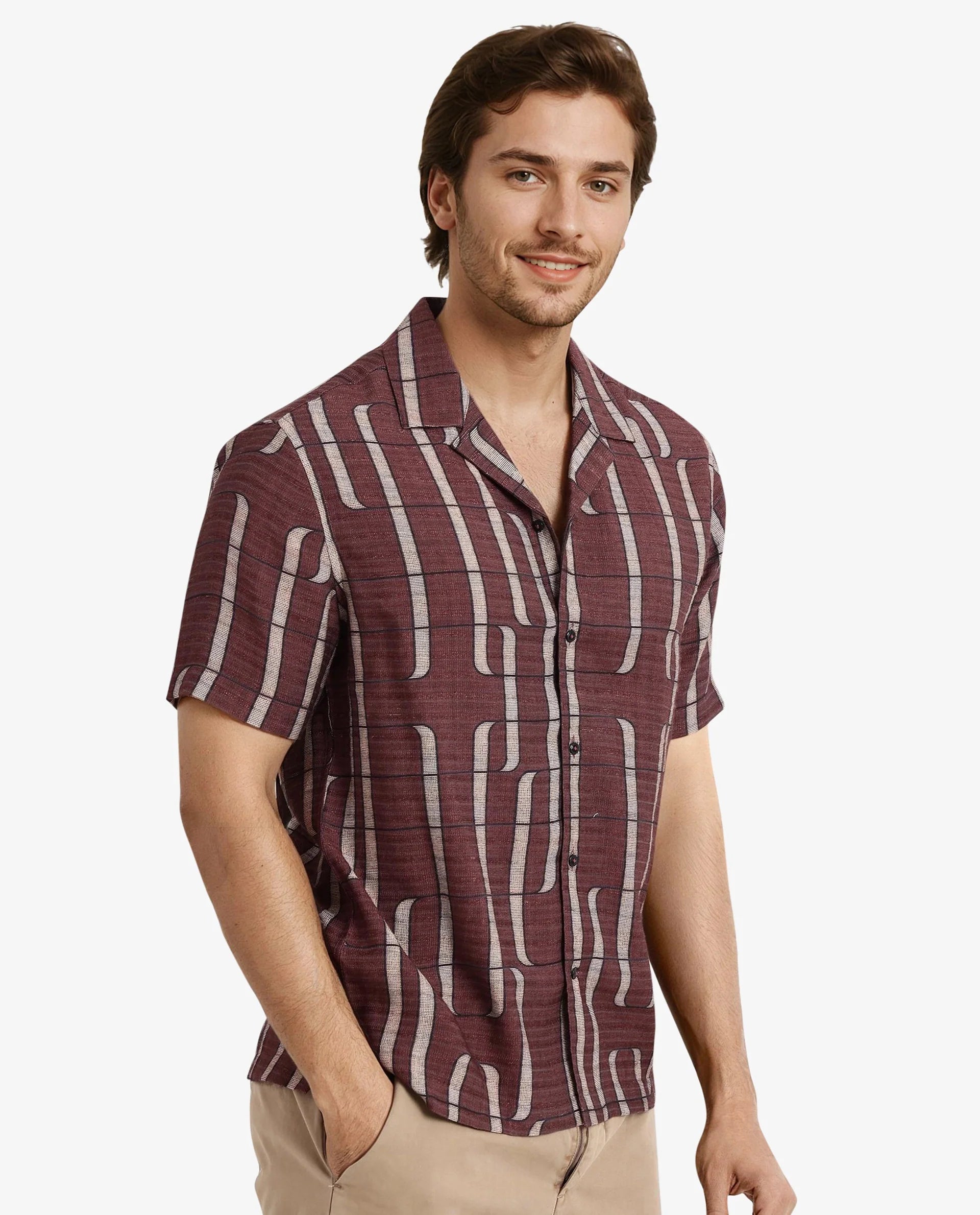 Rare Rabbit Men Fad Brown Short Sleeve Cuban Collar Boxy Fit Abstract Print Shirt