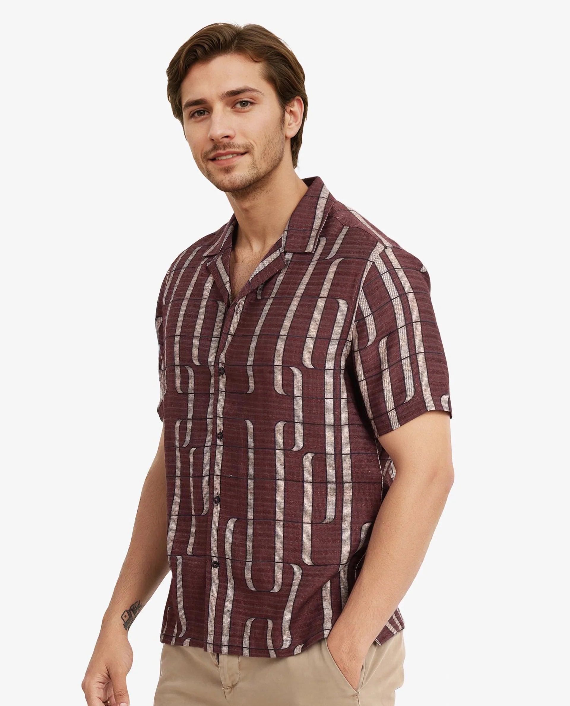 Rare Rabbit Men Fad Brown Short Sleeve Cuban Collar Boxy Fit Abstract Print Shirt