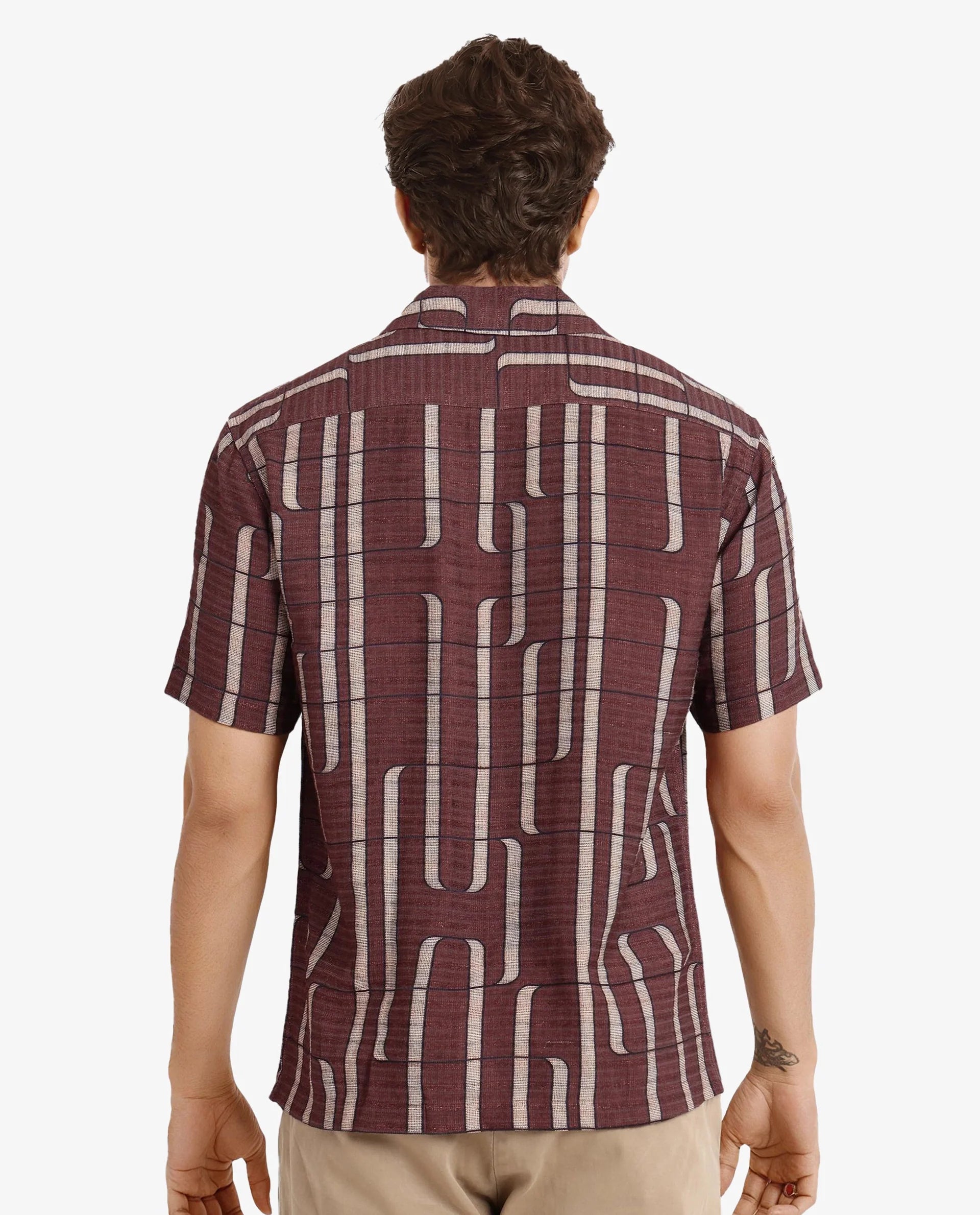 Rare Rabbit Men Fad Brown Short Sleeve Cuban Collar Boxy Fit Abstract Print Shirt