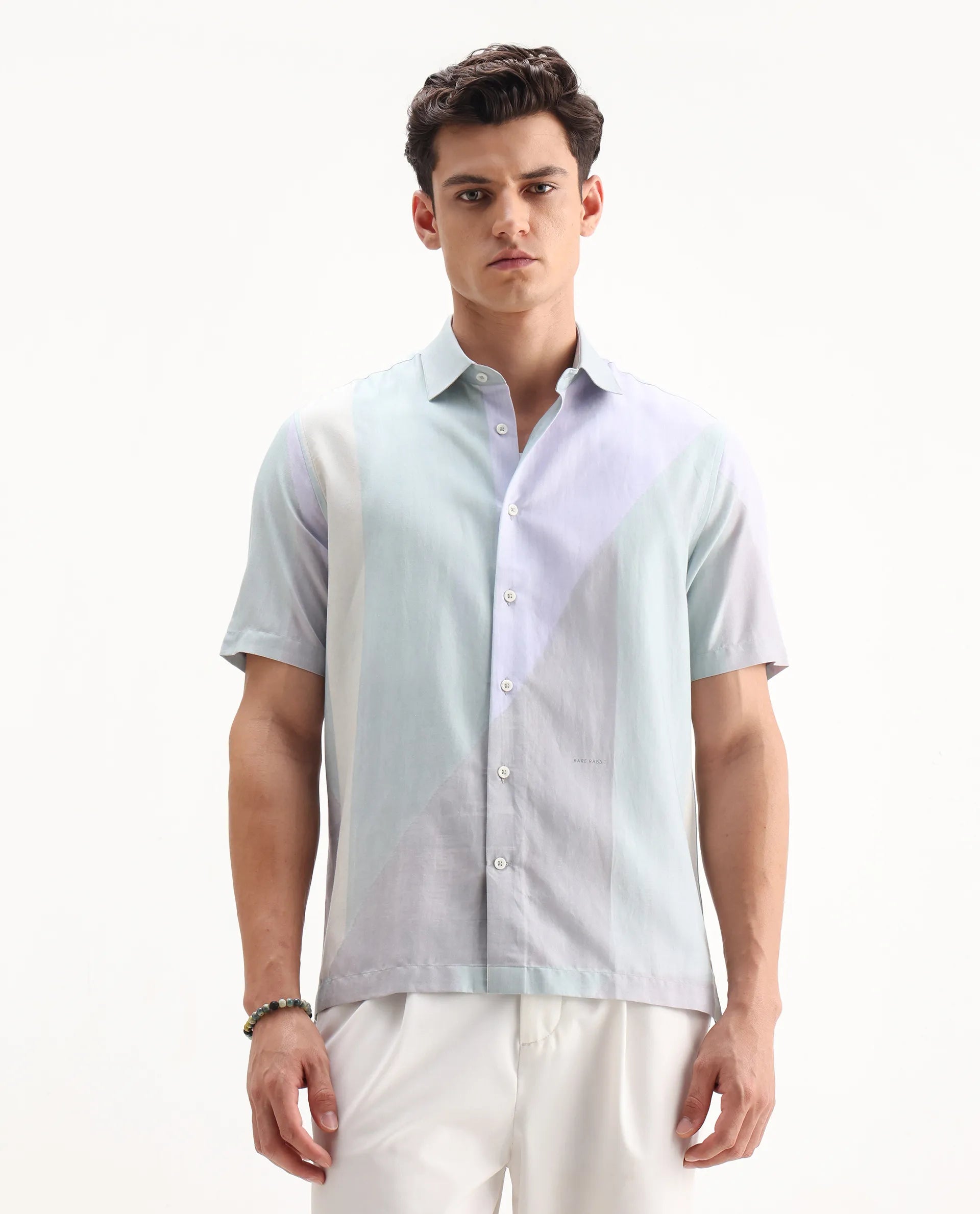 Rare Rabbit Men's Fade Pastel Green Cotton Blend Geometric Print Regul