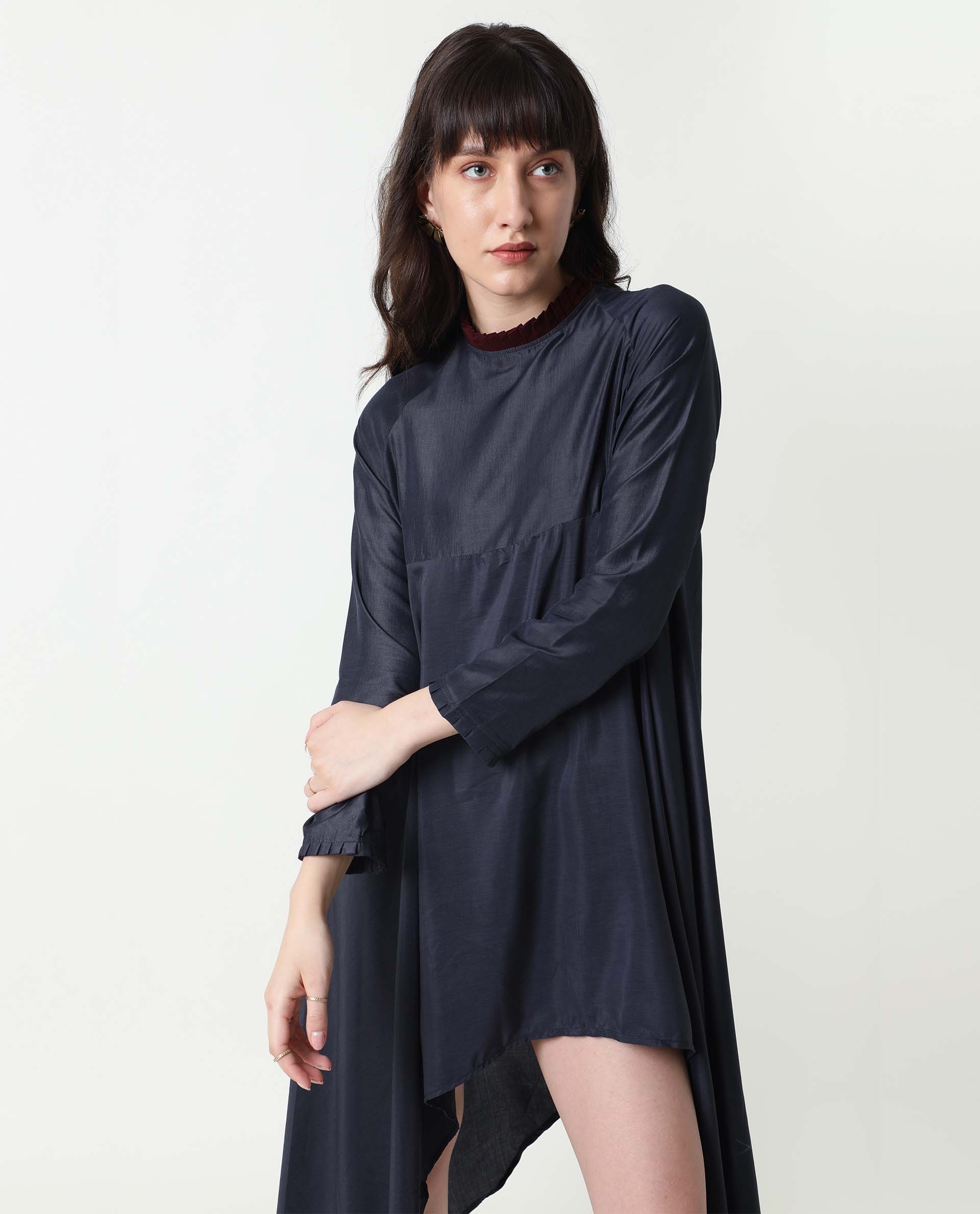 Rareism Womens Falcon Navy Dress Polyester Fabric Relaxed Fit Full Sleeve Round Neck