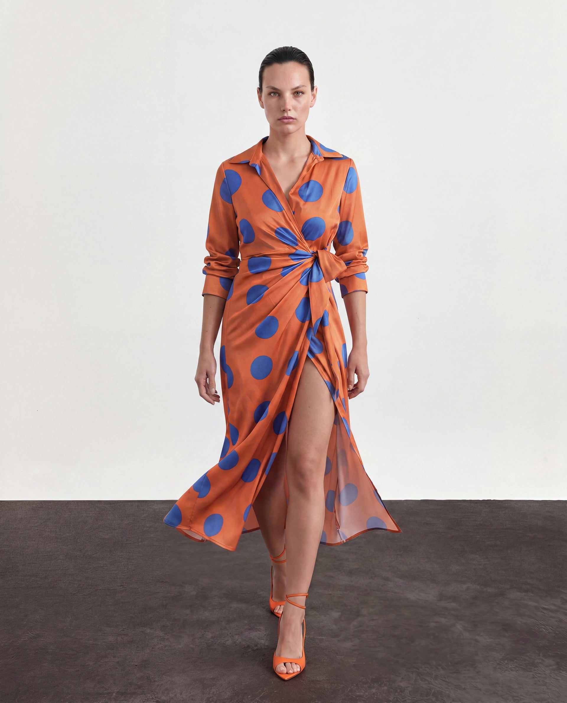 Rareism Women's Farben Dark Orange Polyester Spread Collar Polka Print Maxi Regular Fit Dress