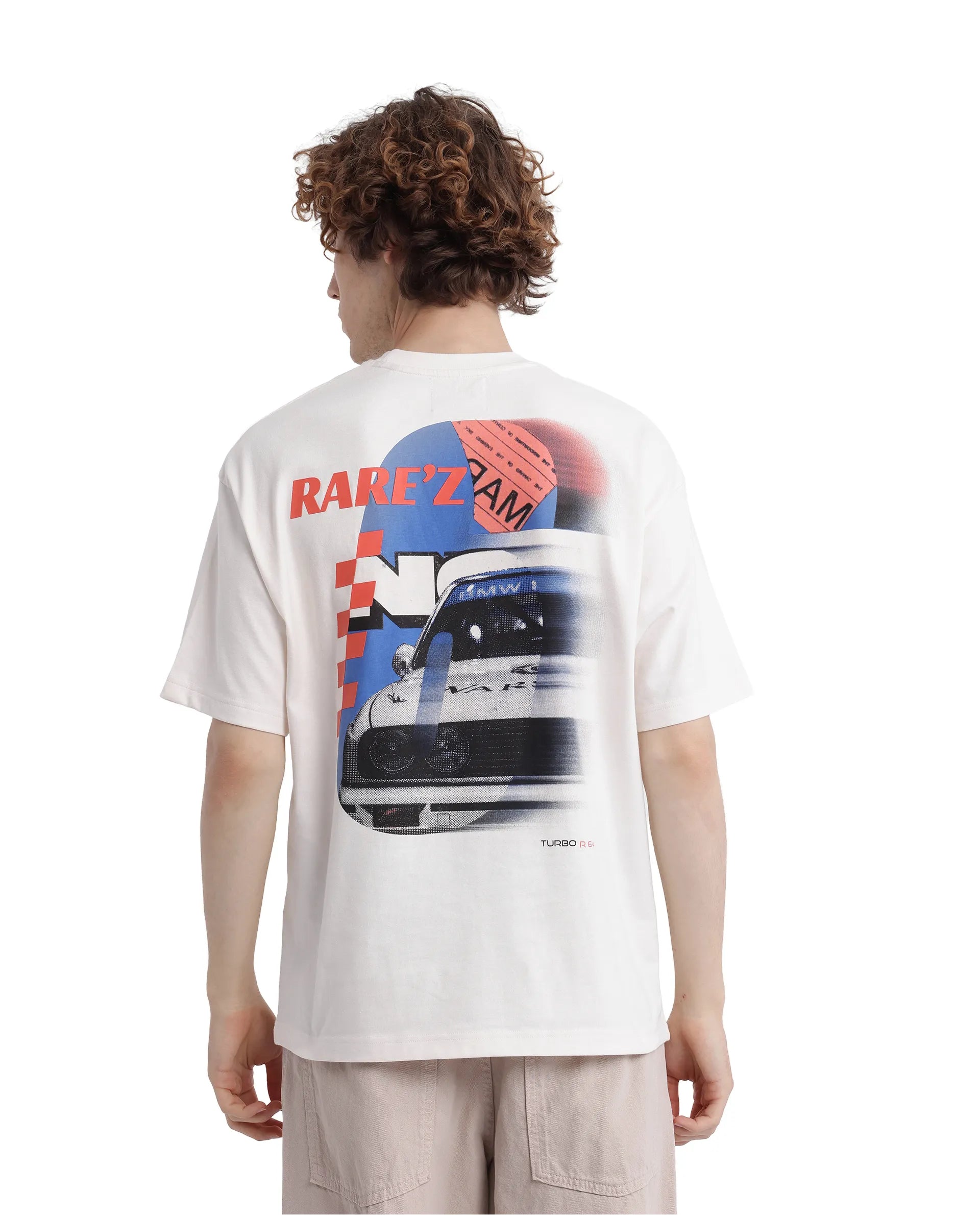 Rare Rabbit Men Fast Off White Cotton Fabric Short Sleeve Crew Neck Oversized Fit Hd Print T-Shirt