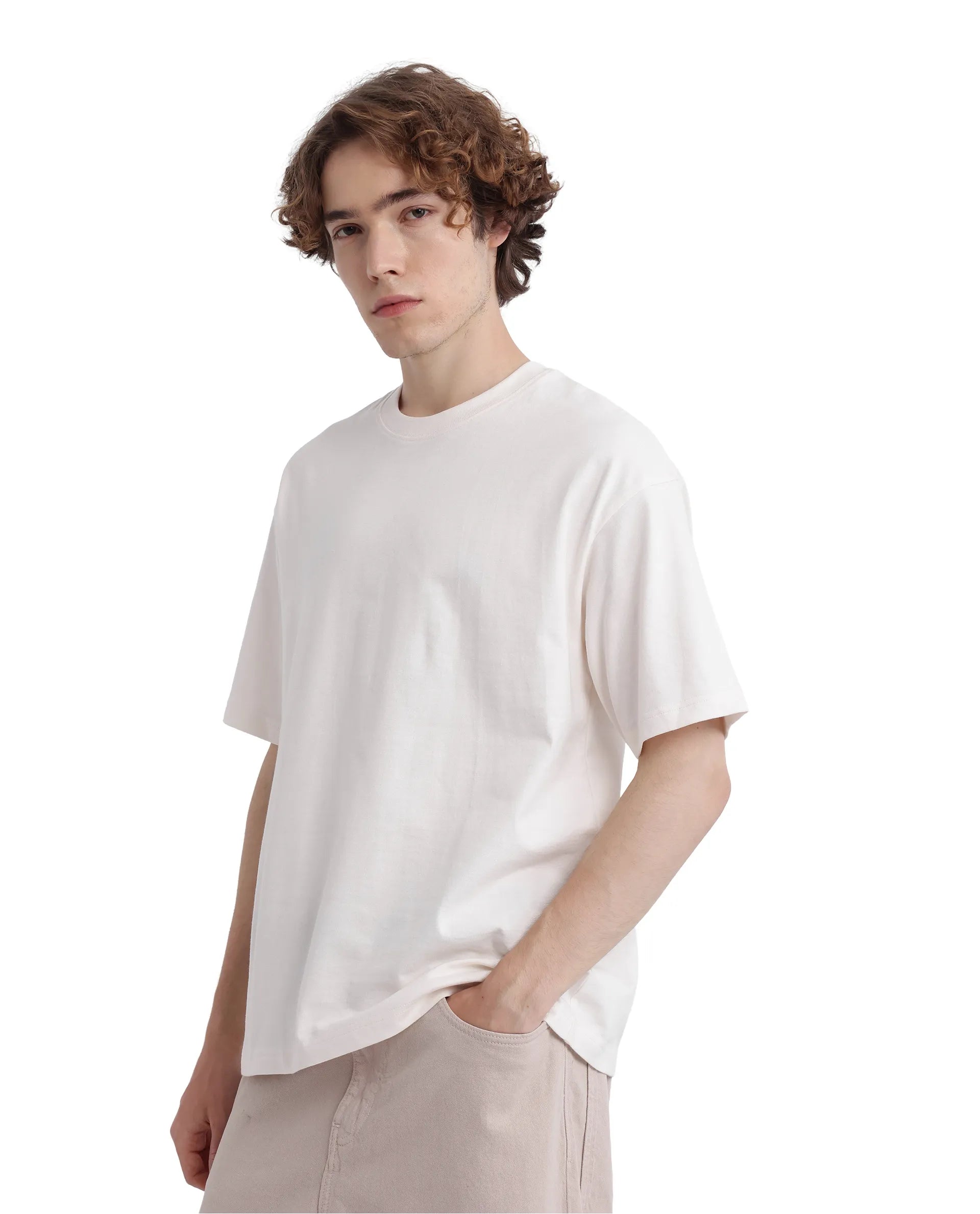 Rare Rabbit Men Fast Off White Cotton Fabric Short Sleeve Crew Neck Oversized Fit Hd Print T-Shirt