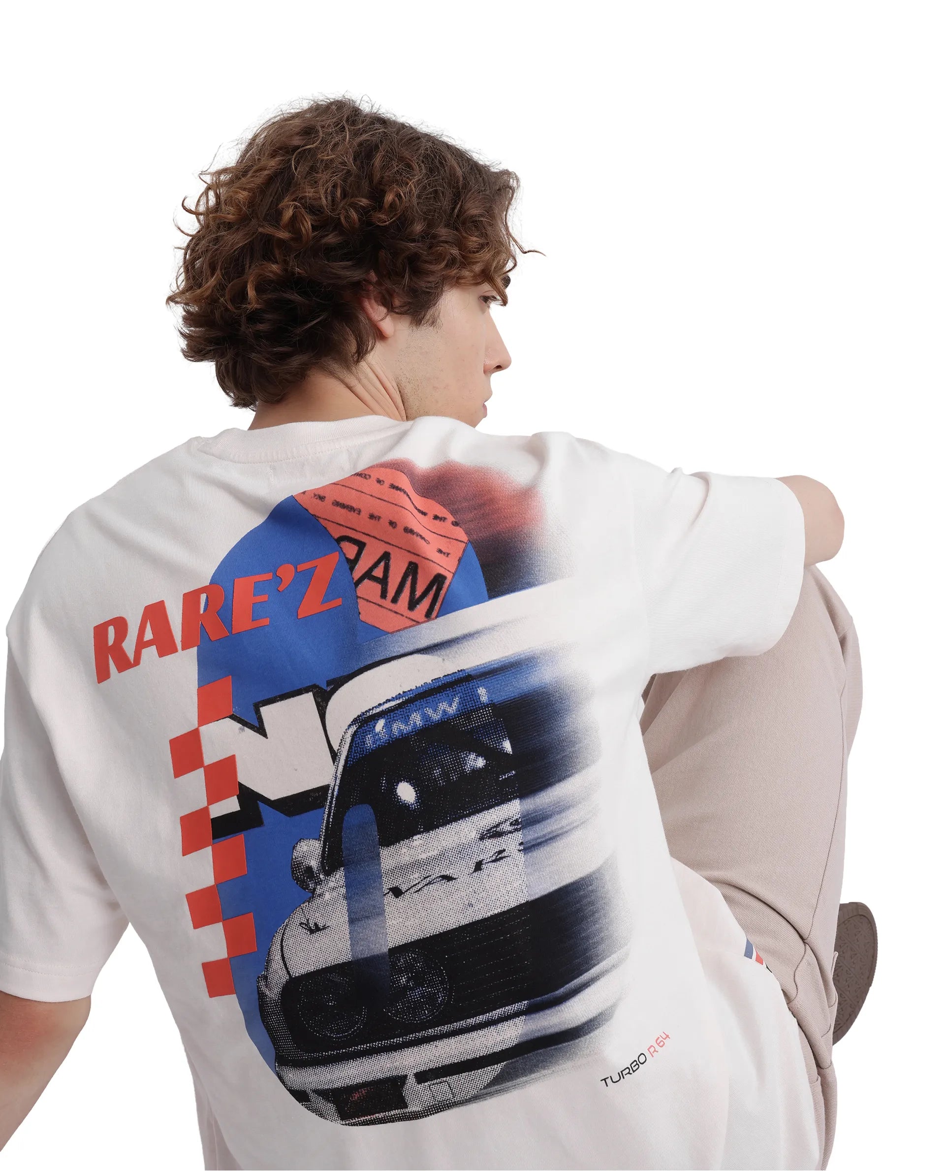 Rare Rabbit Men Fast Off White Cotton Fabric Short Sleeve Crew Neck Oversized Fit Hd Print T-Shirt