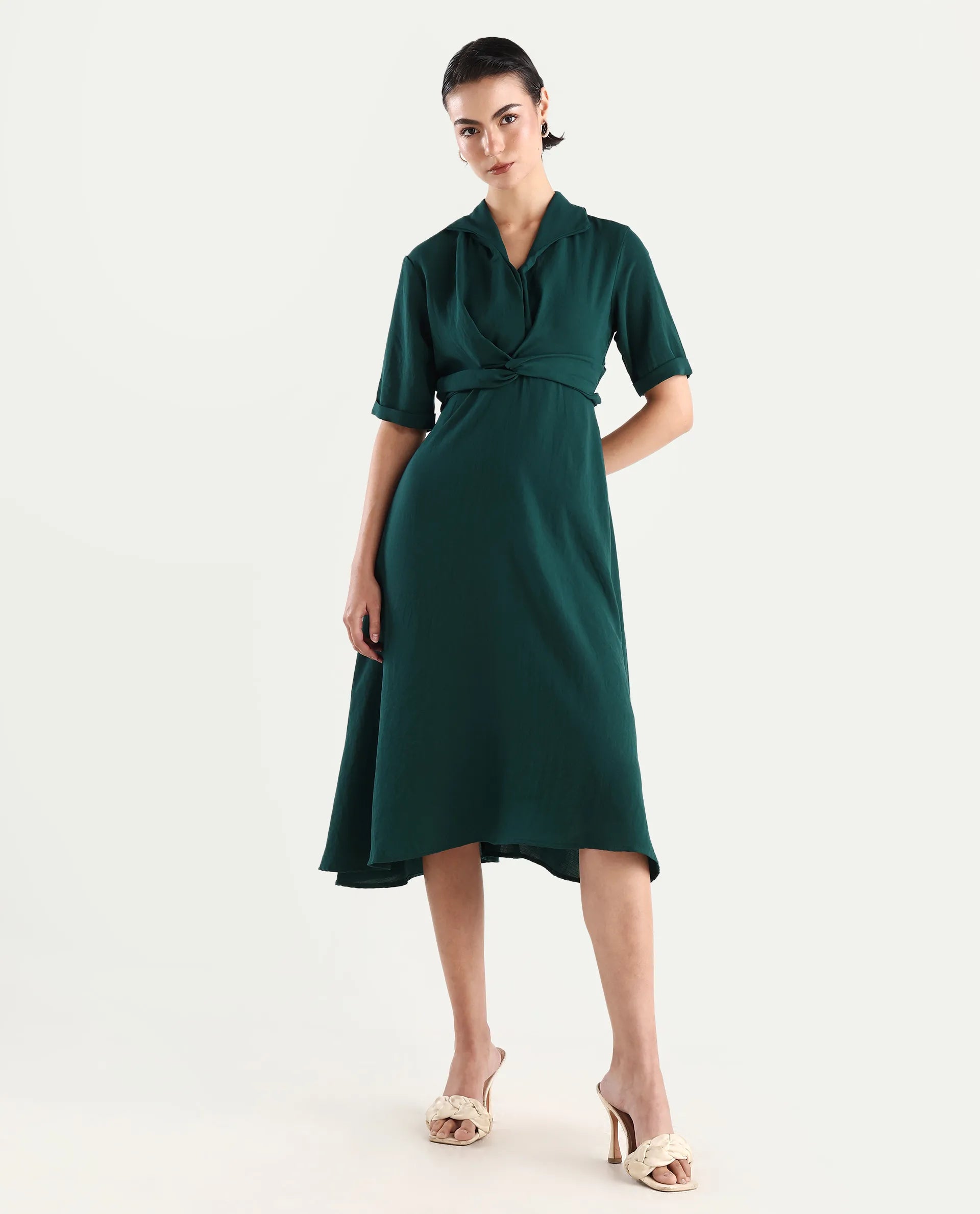 Rareism Women's Fedrez Green Polyester Cowl Neck Plain Bell Sleeve Maxi Flared Dress