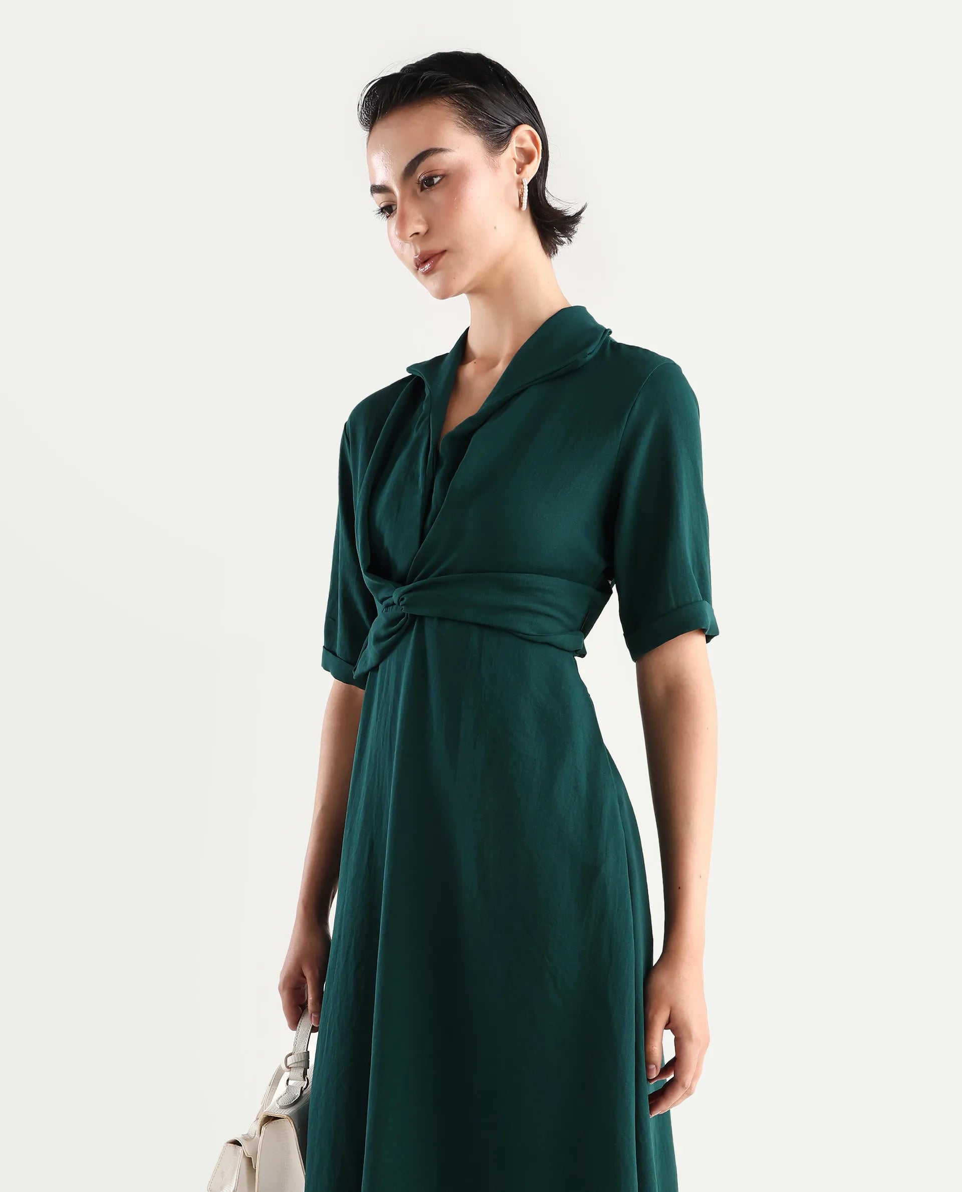 green plain dress Bodycon Collection Women's Olive Green Bandage Midi Dress, Polyester, High Neck, Pencil Style, Size M main image 1
