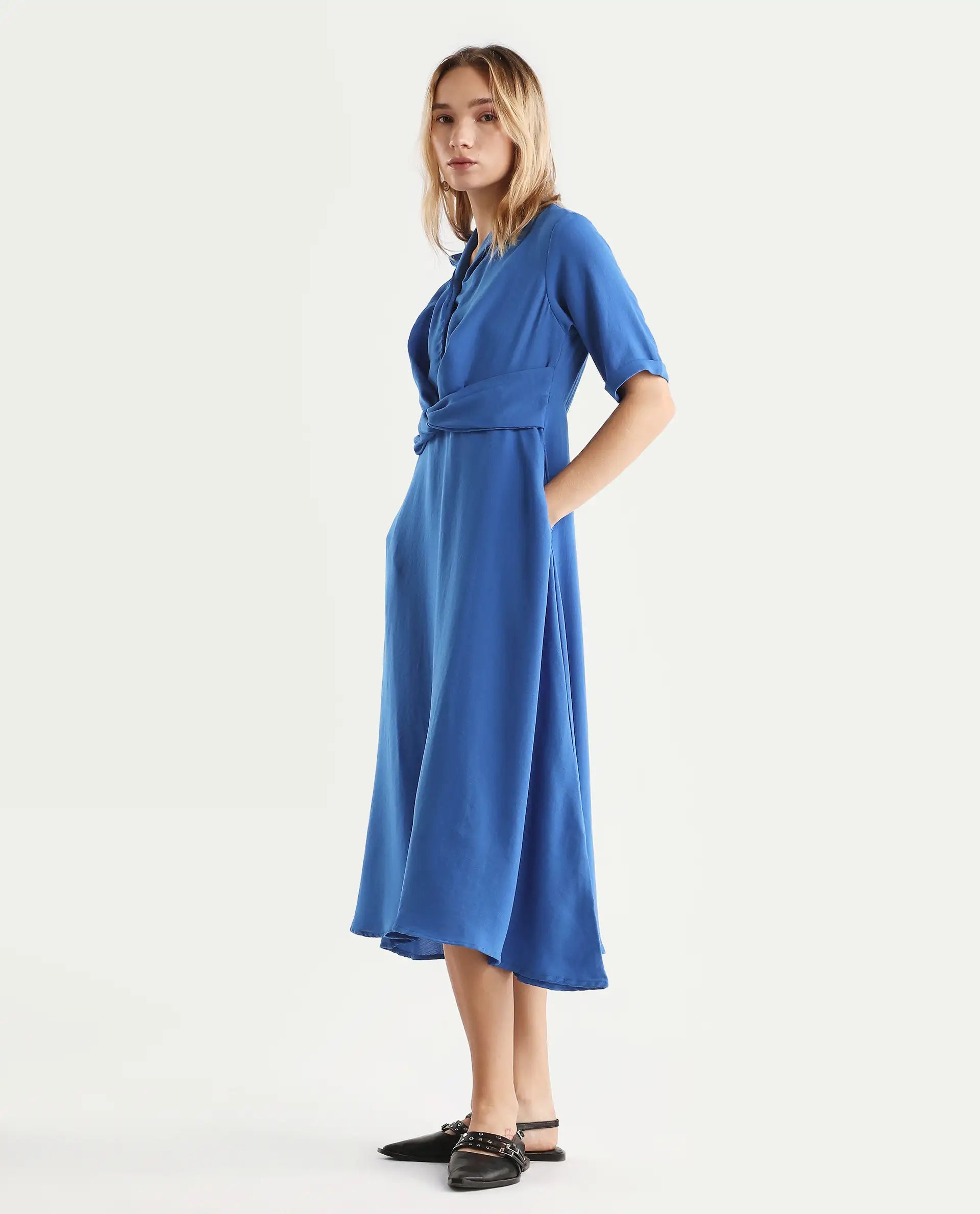 Rareism Women's Fedrez Navy Polyester Cowl Neck Plain Bell Sleeve Maxi Flared Dress