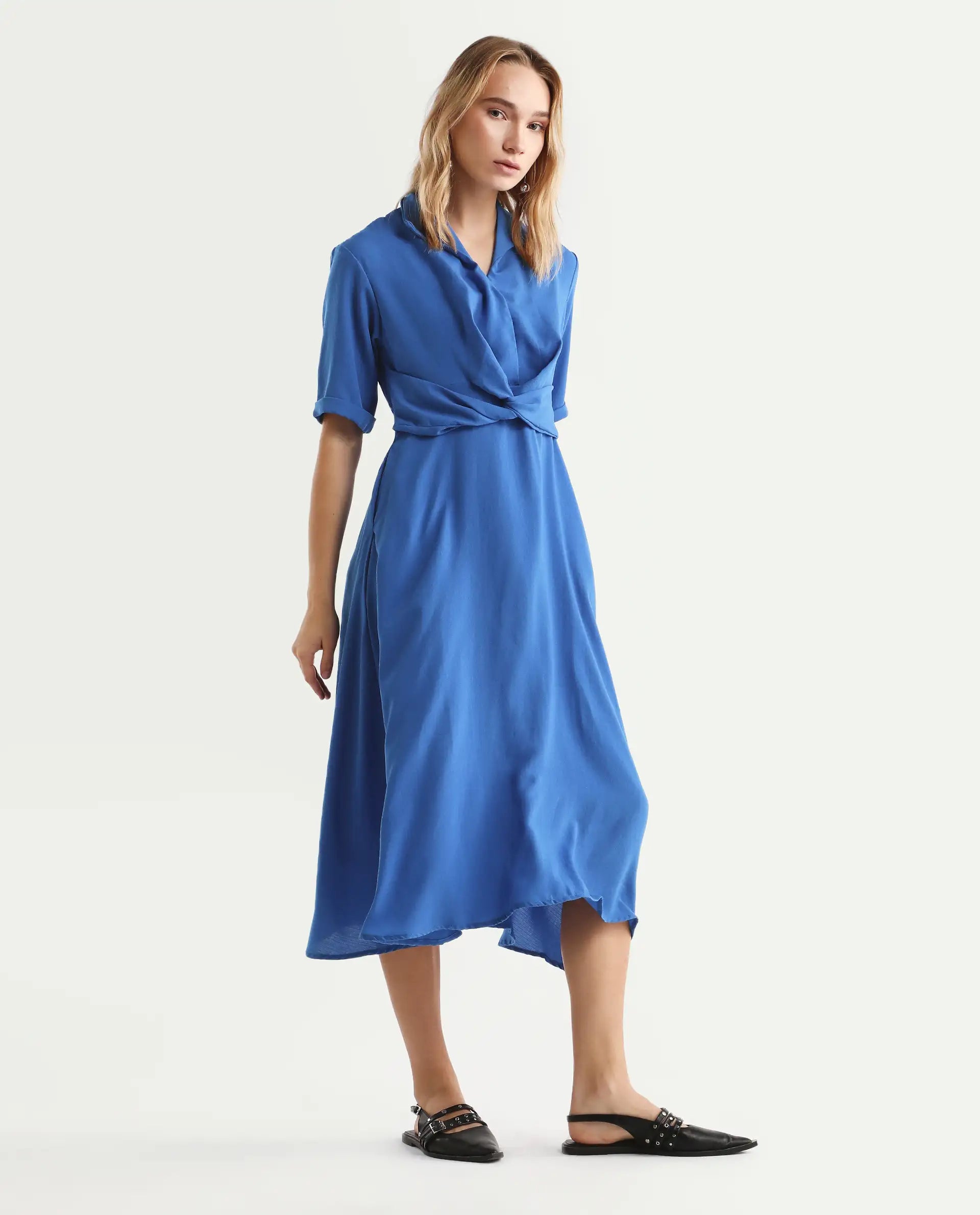 Rareism Women's Fedrez Navy Polyester Cowl Neck Plain Bell Sleeve Maxi Flared Dress