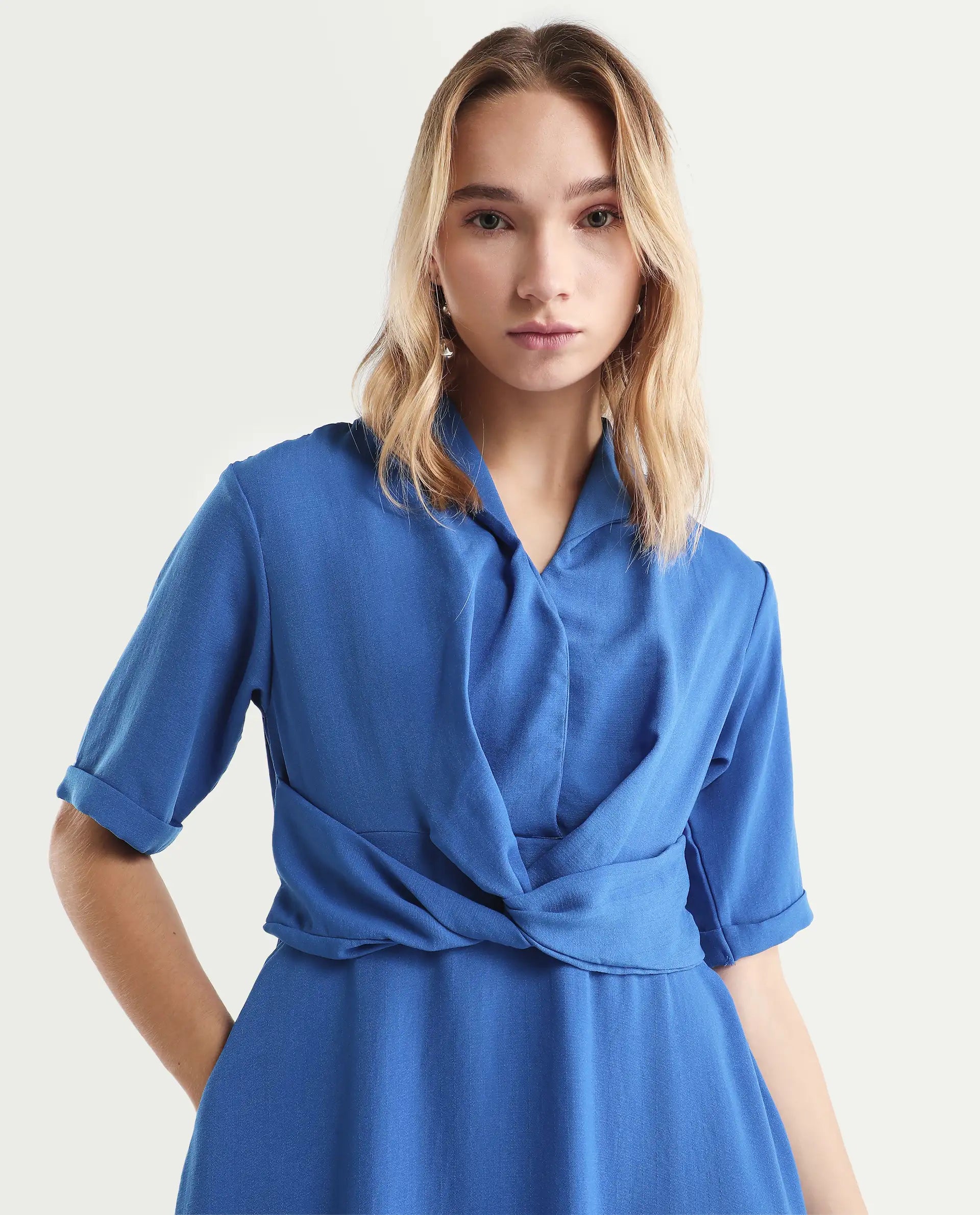Rareism Women's Fedrez Navy Polyester Cowl Neck Plain Bell Sleeve Maxi Flared Dress